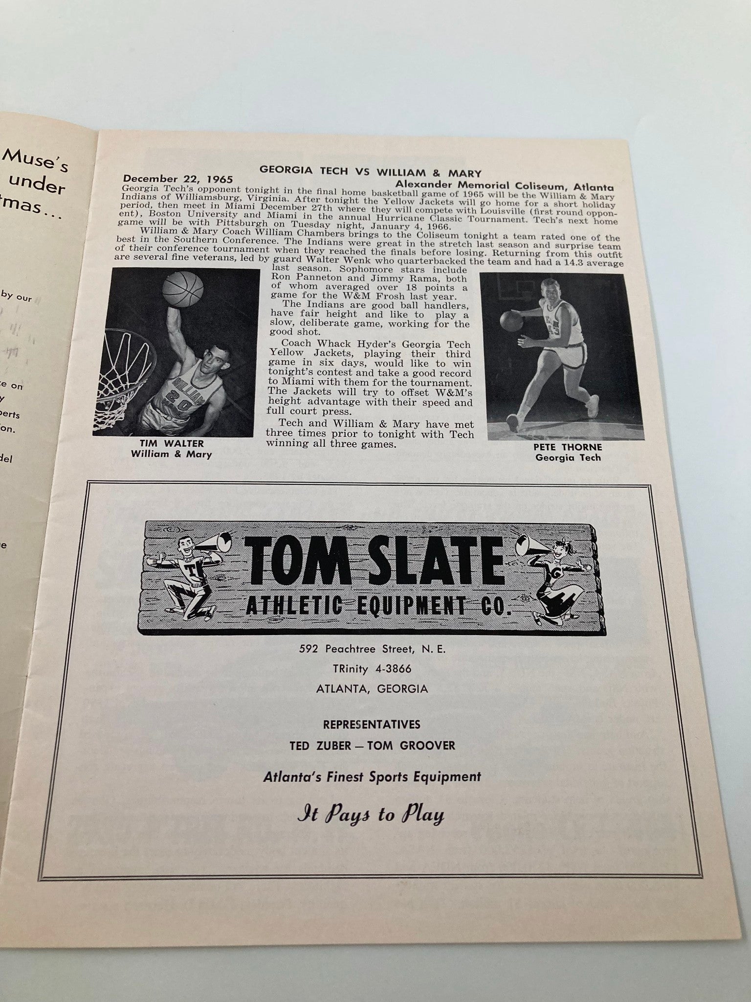 December 22 1965 Georgia Tech vs William & Mary Basketball Official Program