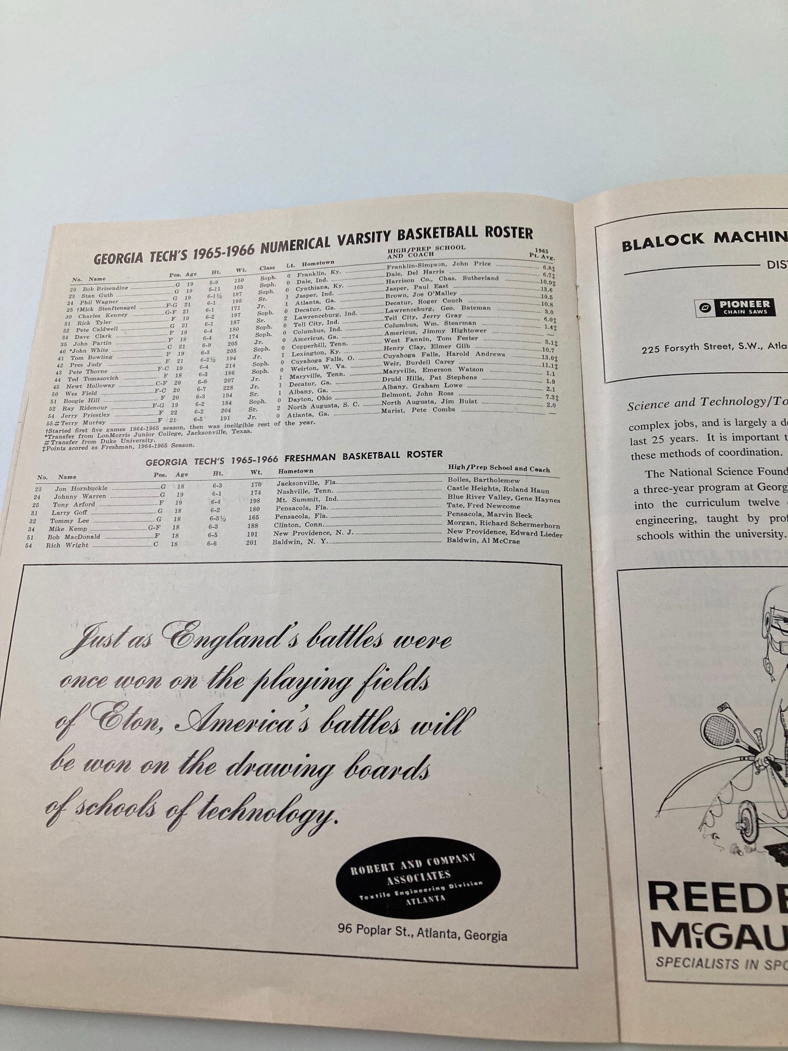 December 22 1965 Georgia Tech vs William & Mary Basketball Official Program