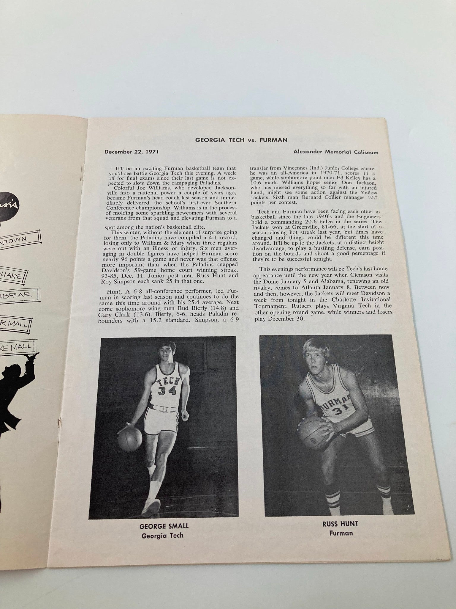 December 22 1971 Georgia Tech vs Furman Basketball Official Program