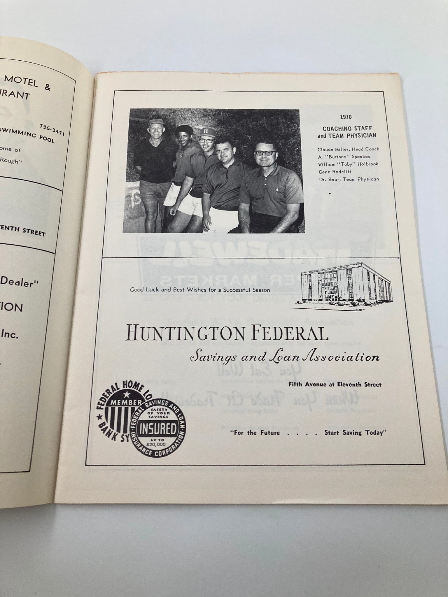 Inside page of the Official Souvenir Program Booklet for October 31, 1970, showcasing the coaching staff and team physicians of Huntington High.