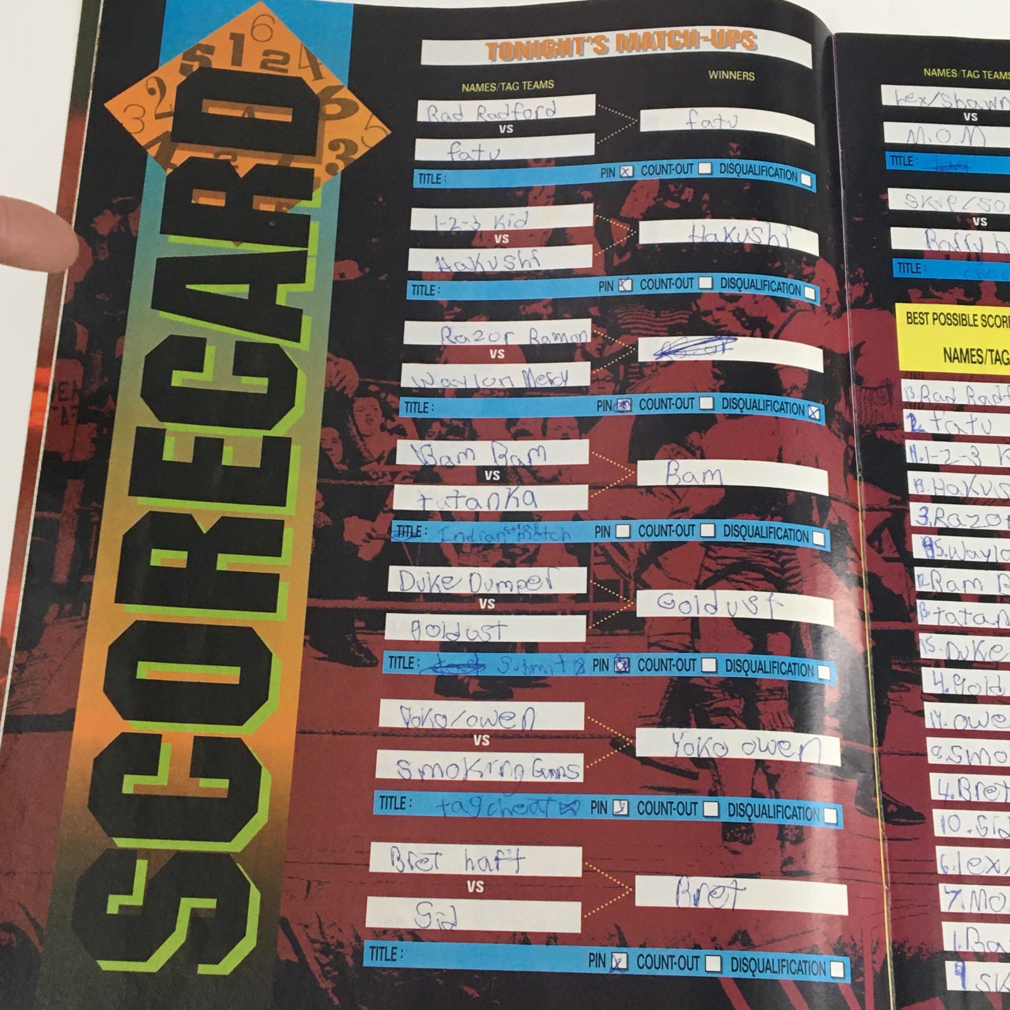 WWF Program 1995 Vol 231 Shawn Michaels & Bob Backlund scorecard detailing match results and tag teams.