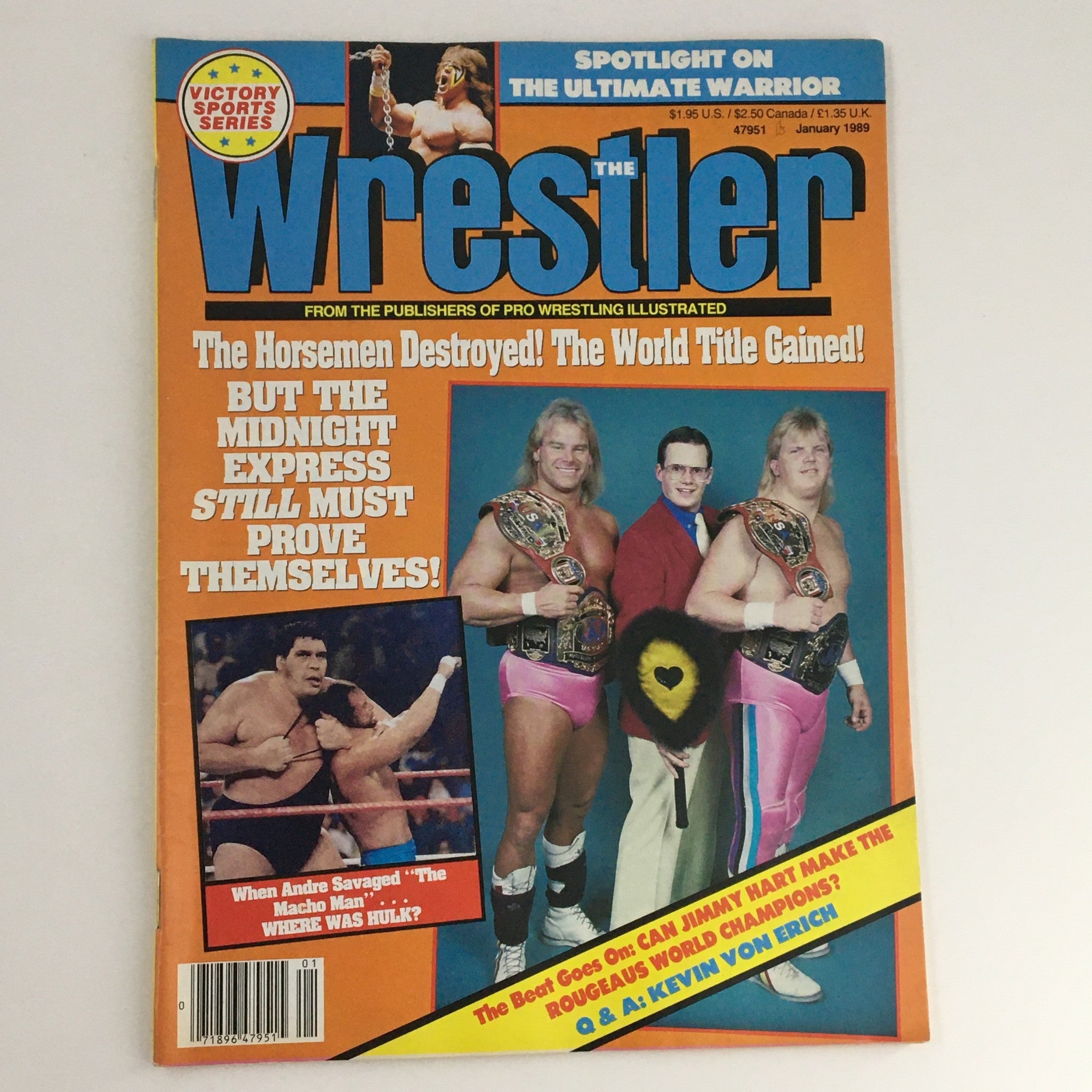 Cover of The Wrestler Magazine, January 1989, featuring Andre The Giant and Macho Man Randy Savage, highlighting wrestling events and personalities from the late 1980s.