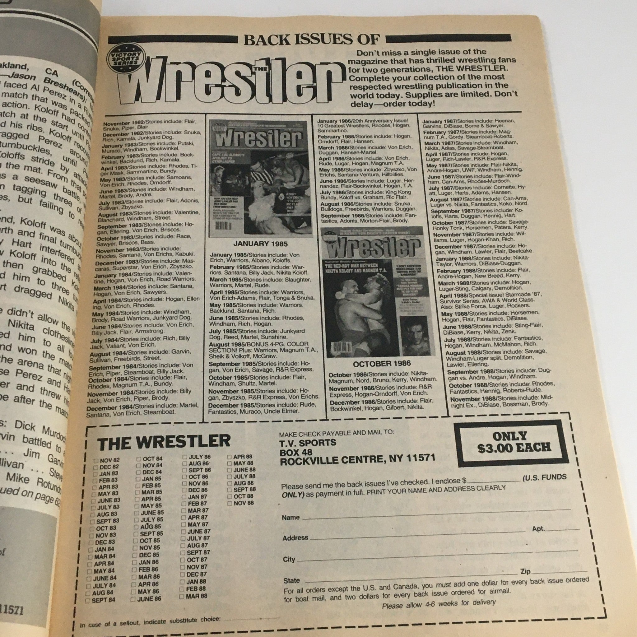 The Wrestler Magazine January 1989 back issues advertisement, featuring a list of previous issues including January 1985 and October 1986, from Original Magazines.