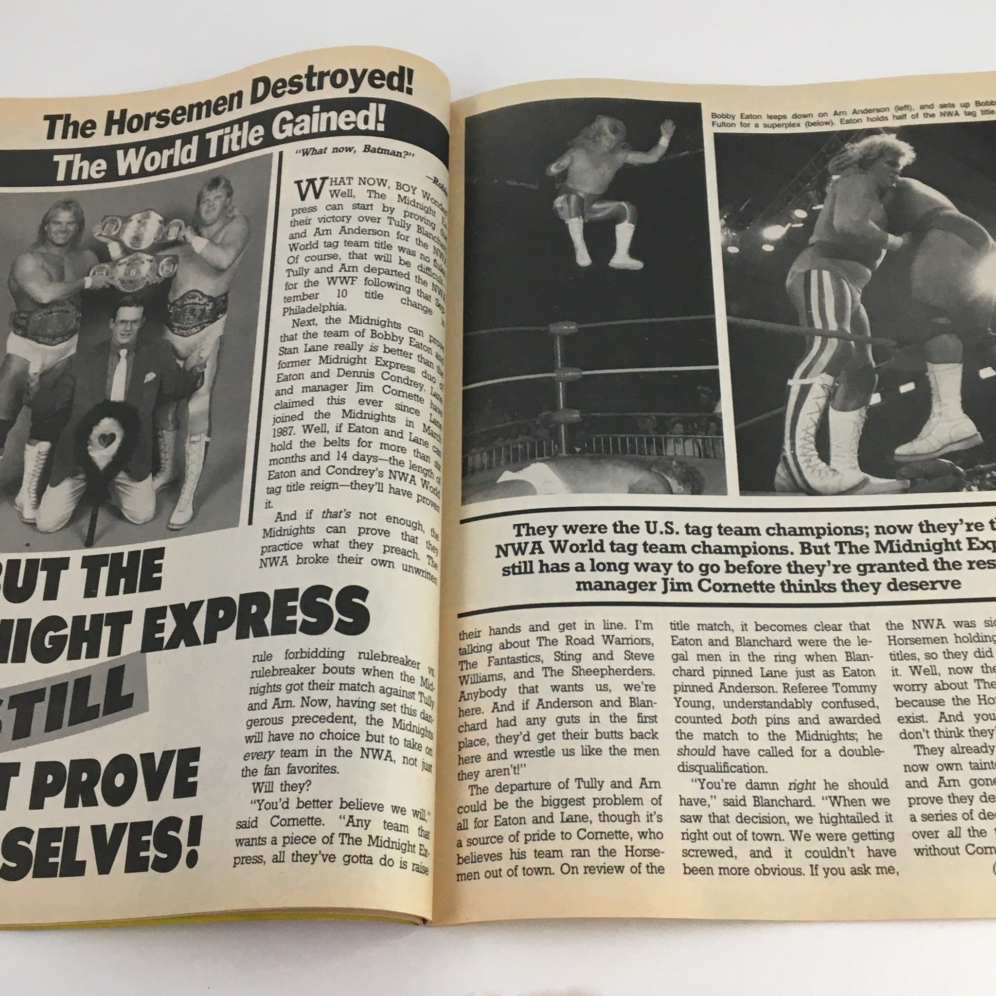 An inside page of The Wrestler Magazine January 1989 showcasing a feature on The Midnight Express and the NWA tag team championship, highlighting key wrestling personalities.