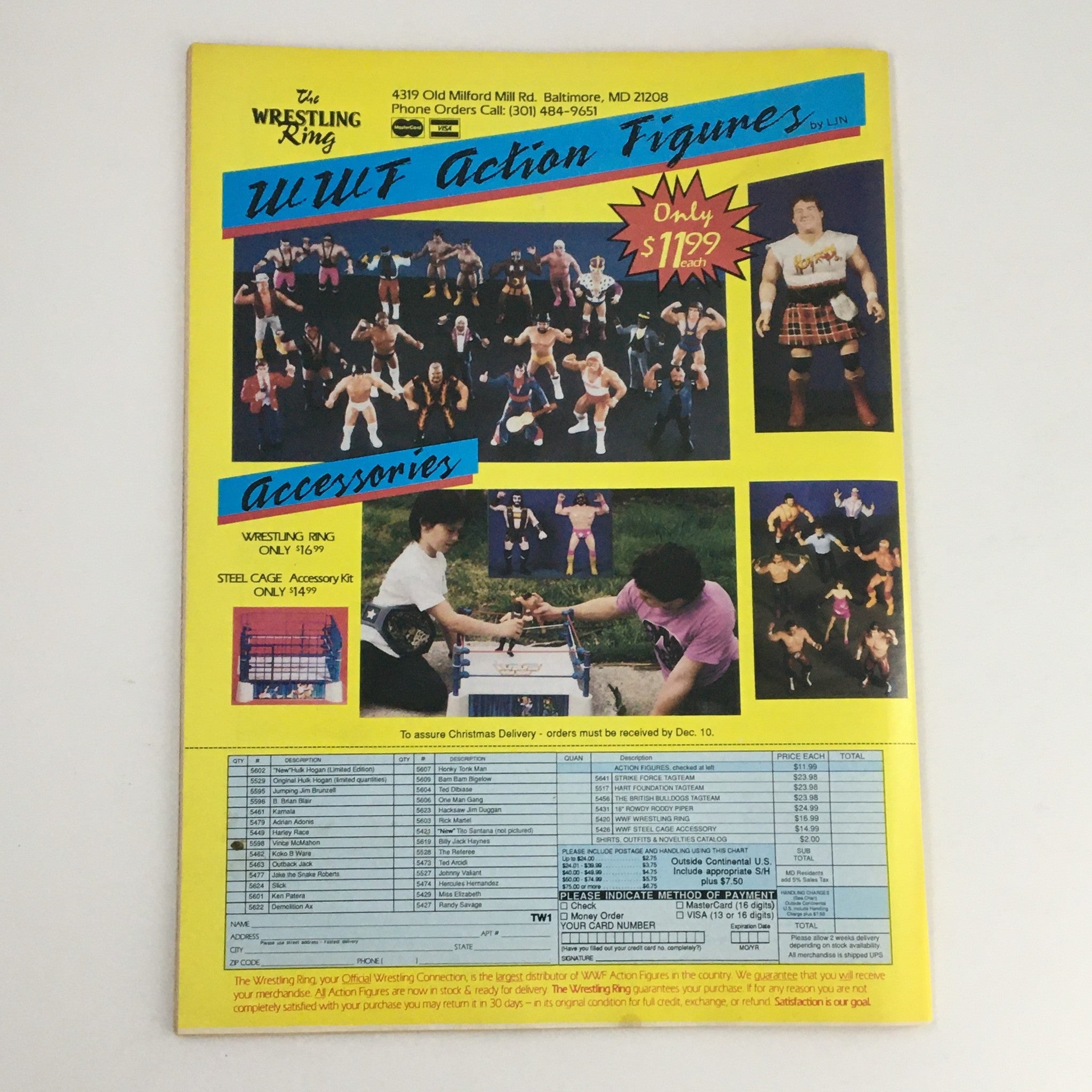 The back cover of The Wrestler Magazine January 1989 displaying an advertisement for WWF Action Figures, featuring various wrestling figures and accessories.