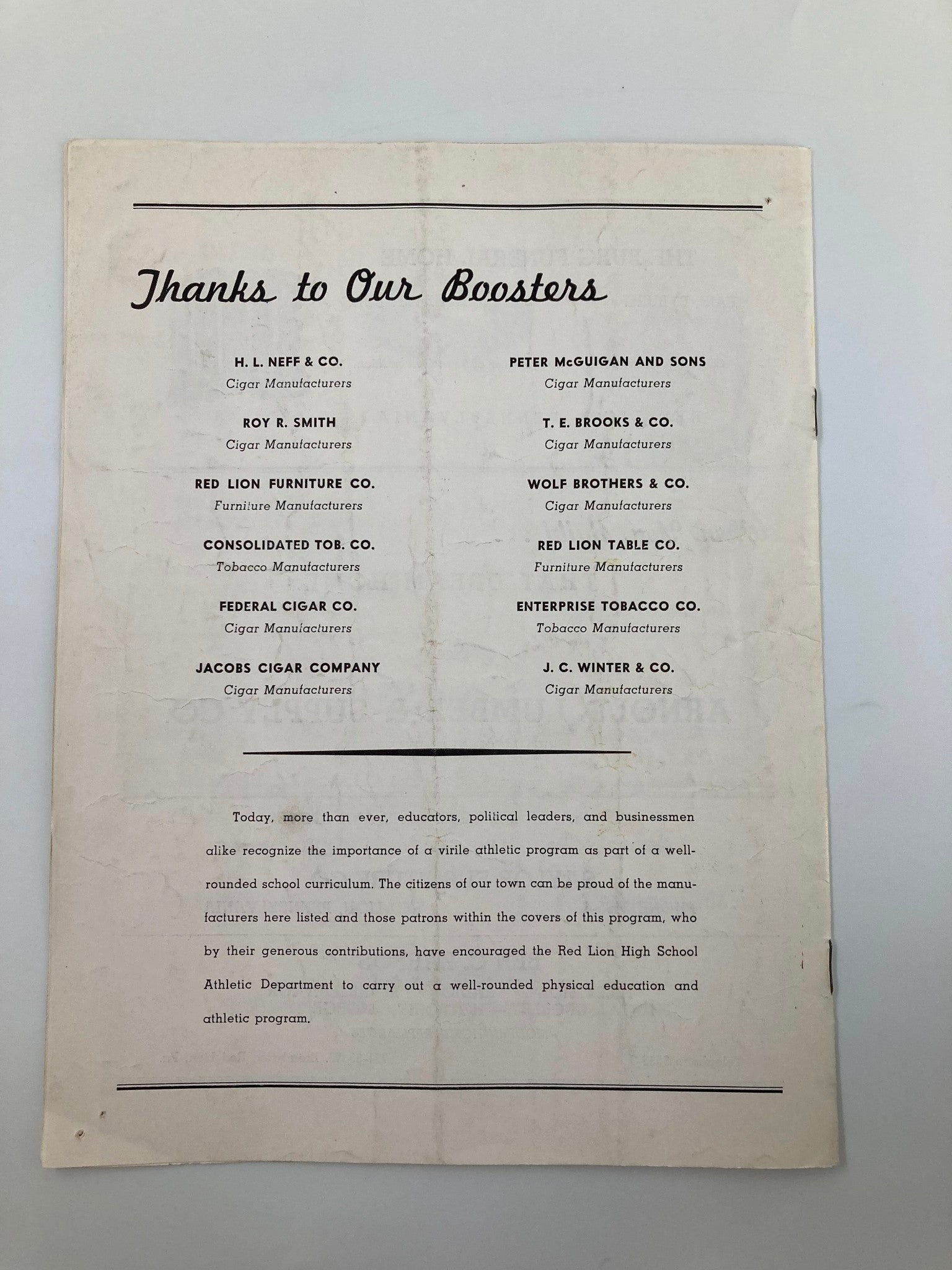 Back cover of the September 13 1952 High School Football program featuring a message thanking boosters and sponsors for supporting Red Lion High School athletics.
