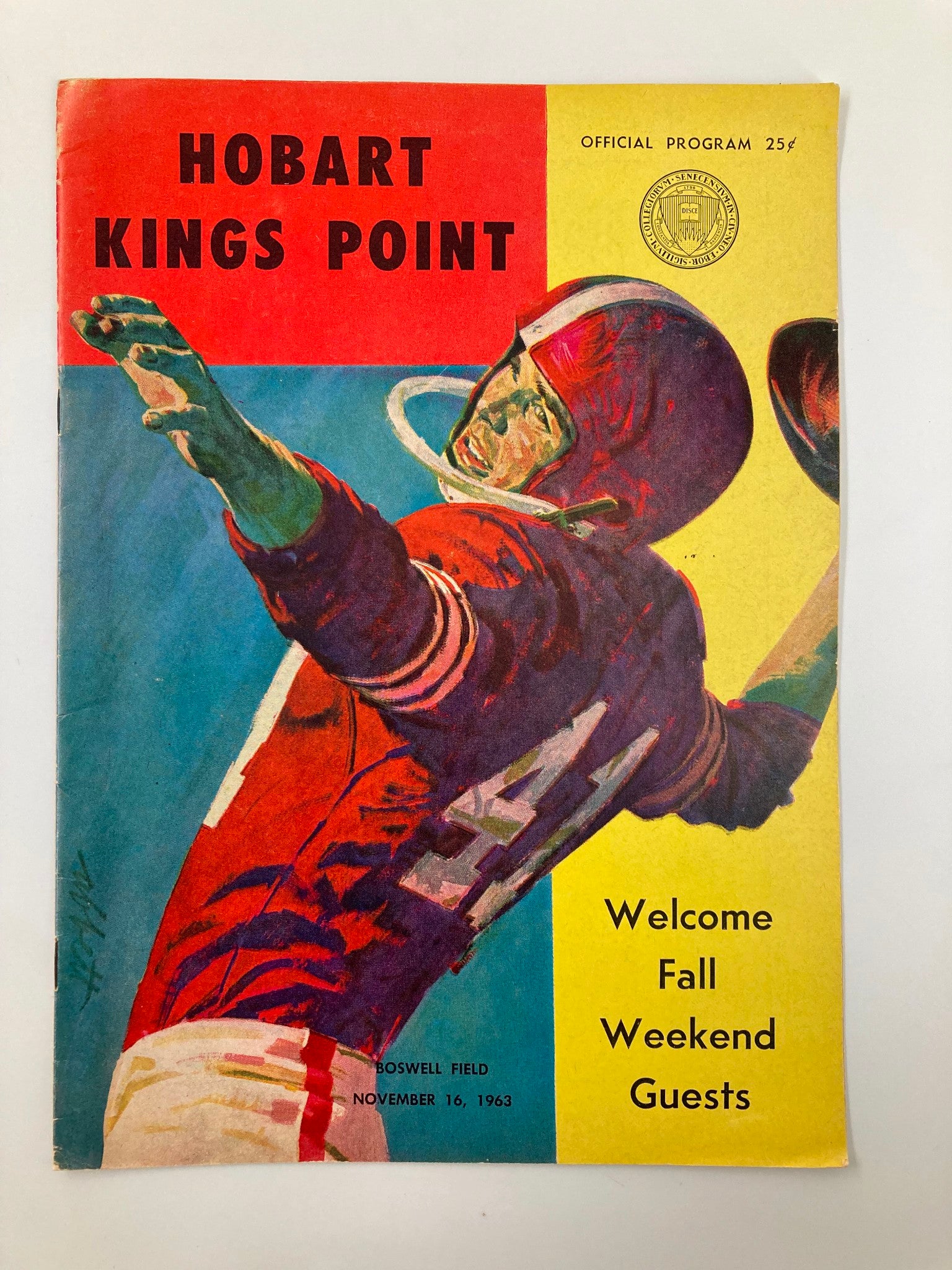 Cover of the November 16 1963 Football Hobart Kings Point Official Program featuring vibrant artwork and promotional text for the game.