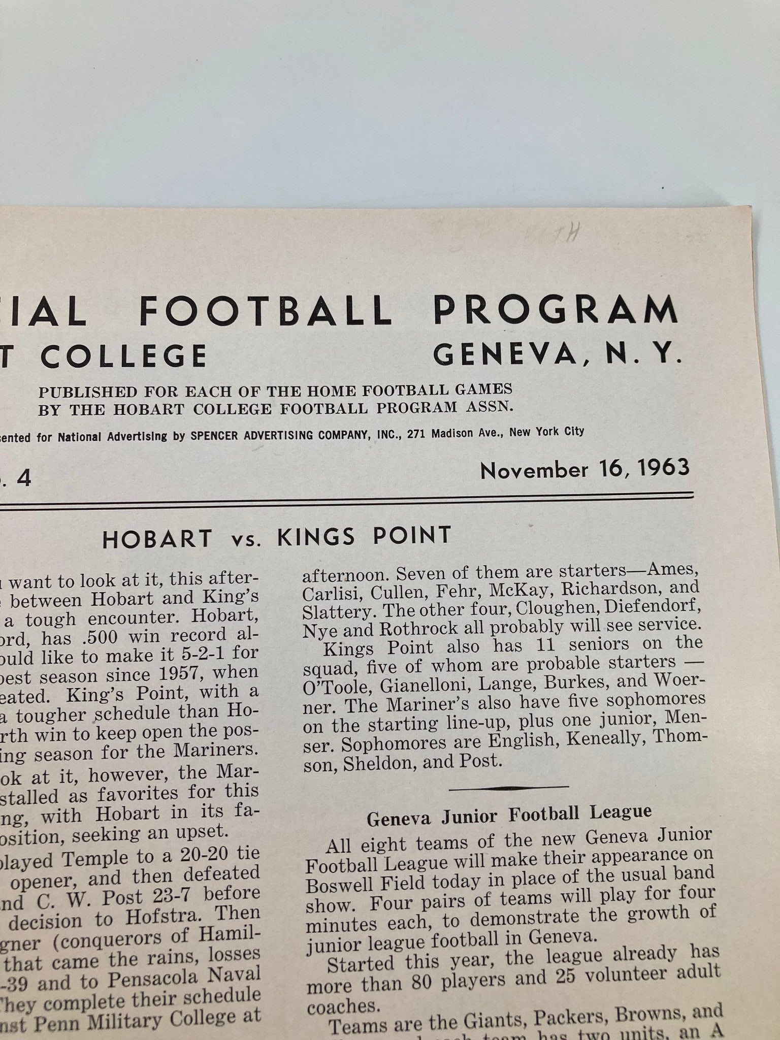 Inside page of the November 16 1963 Football Hobart Kings Point Official Program detailing match information and team lineups.