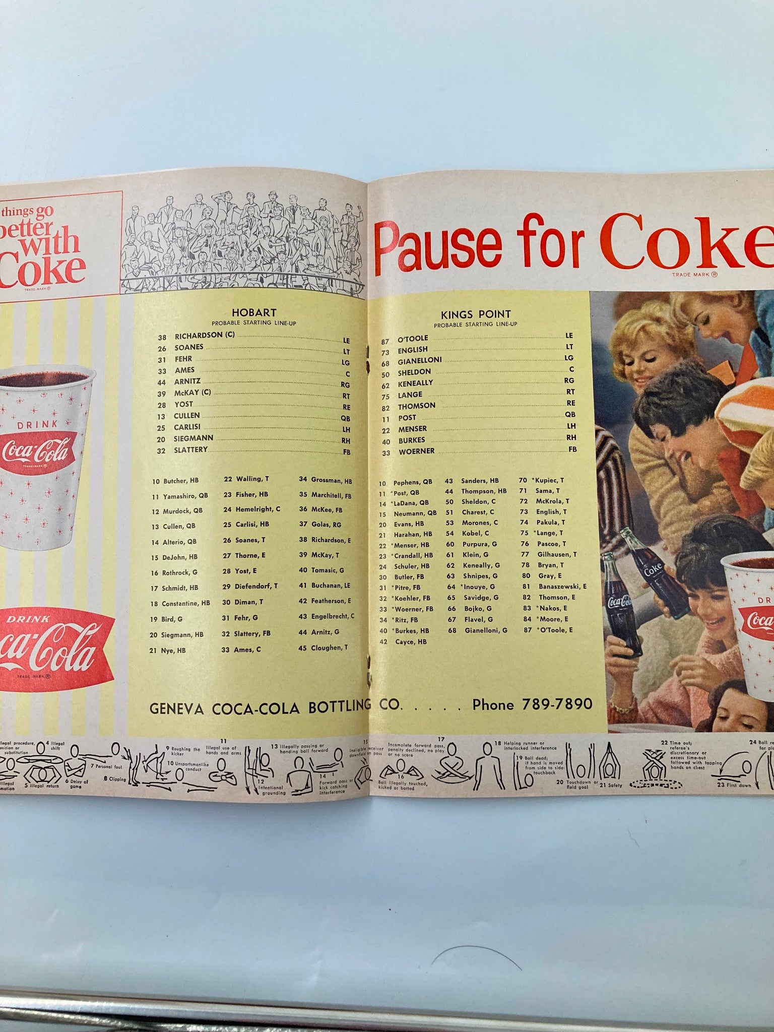 Pause for Coke advertising page featuring Hobart and Kings Point team line-ups from the November 16 1963 Football Hobart Kings Point Official Program.