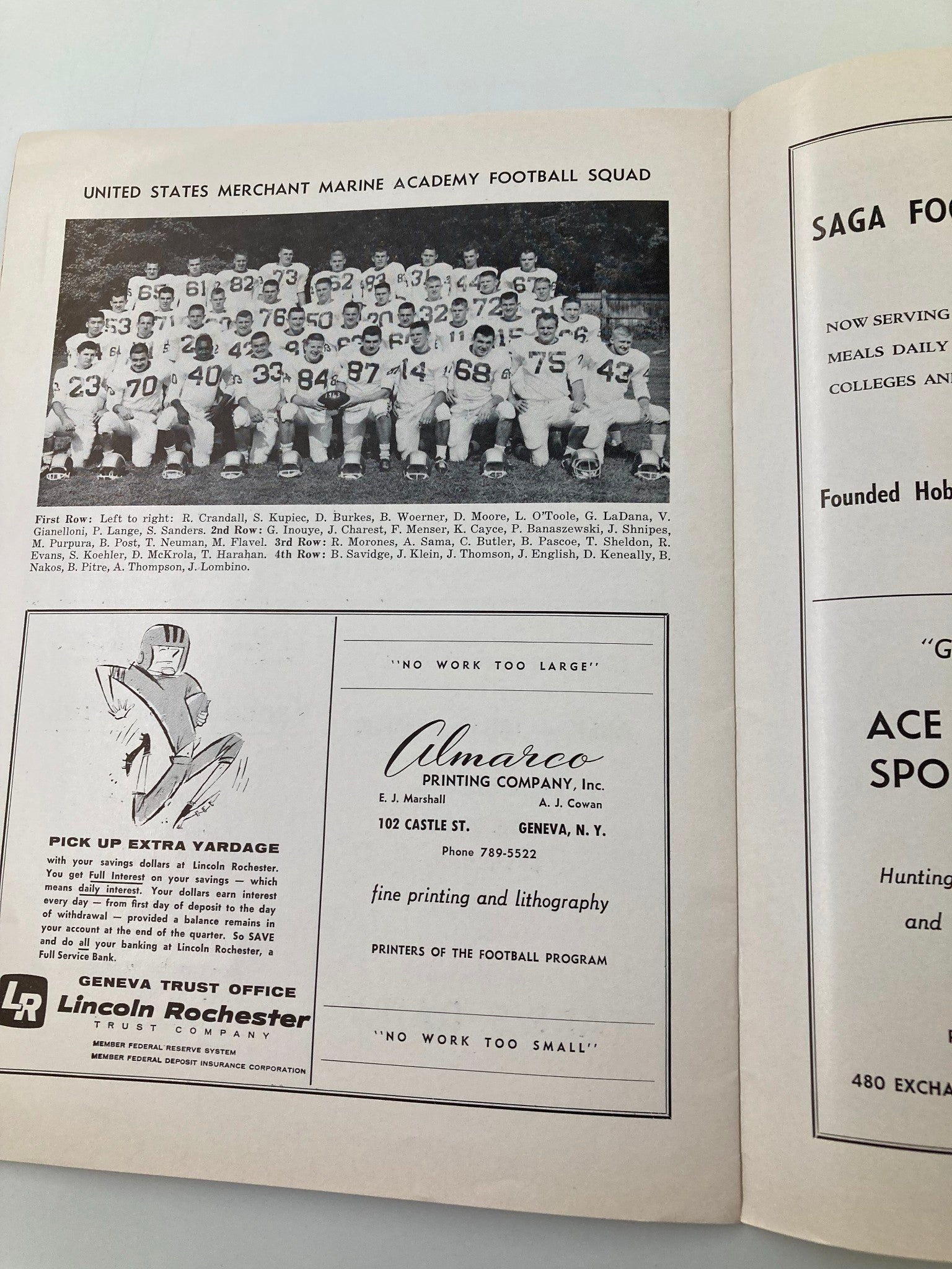 United States Merchant Marine Academy Football Squad photo along with advertising from the November 16 1963 Football Hobart Kings Point Official Program.