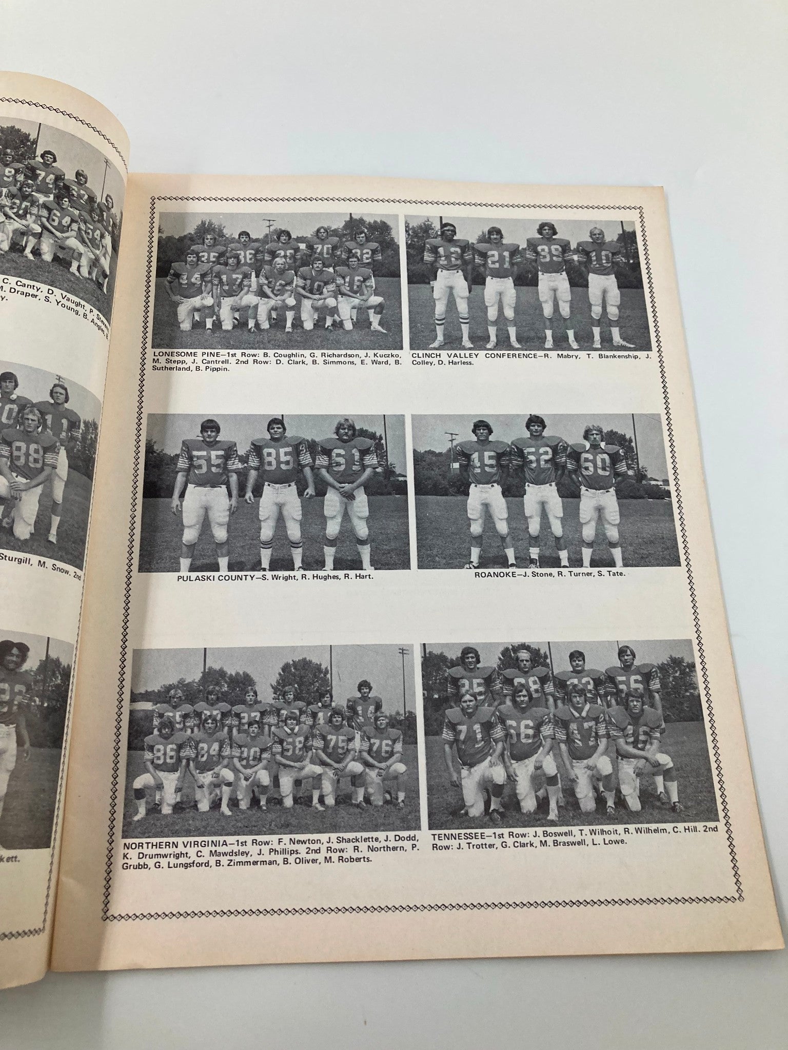 Team photographs featured in the September 20 1975 Emory Henry vs Guilford official program showcasing various high school football teams from across Virginia.