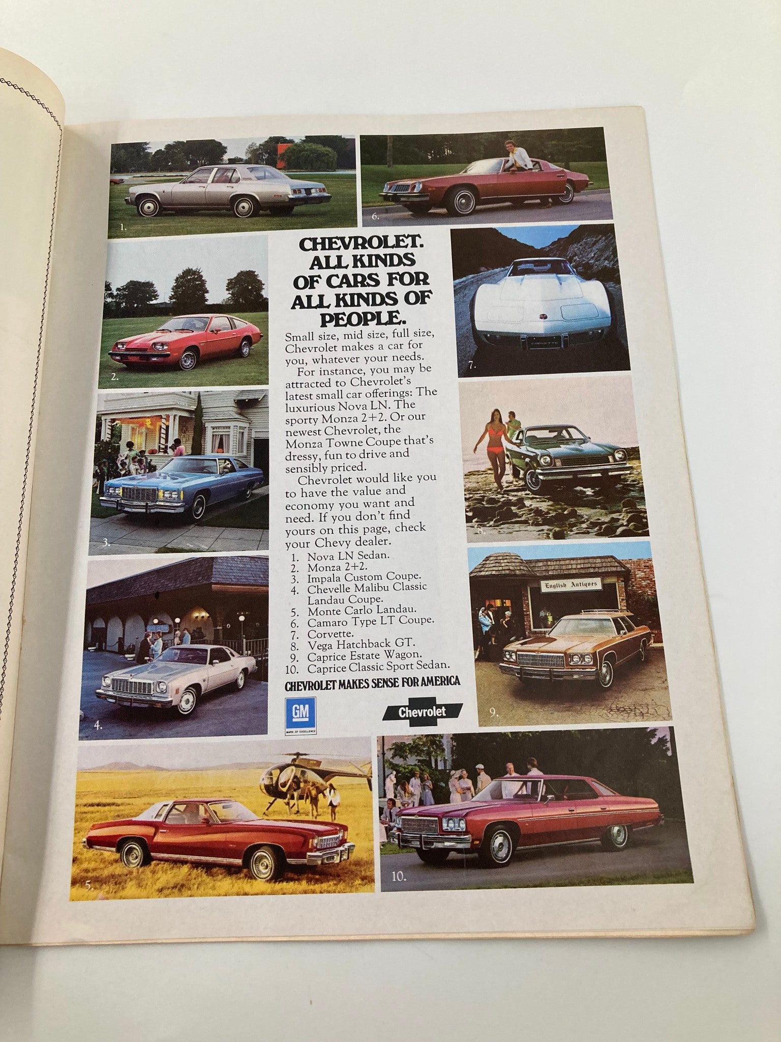 Chevrolet car advertisement from the September 20 1975 Emory Henry vs Guilford official program highlighting various models and styles of cars.