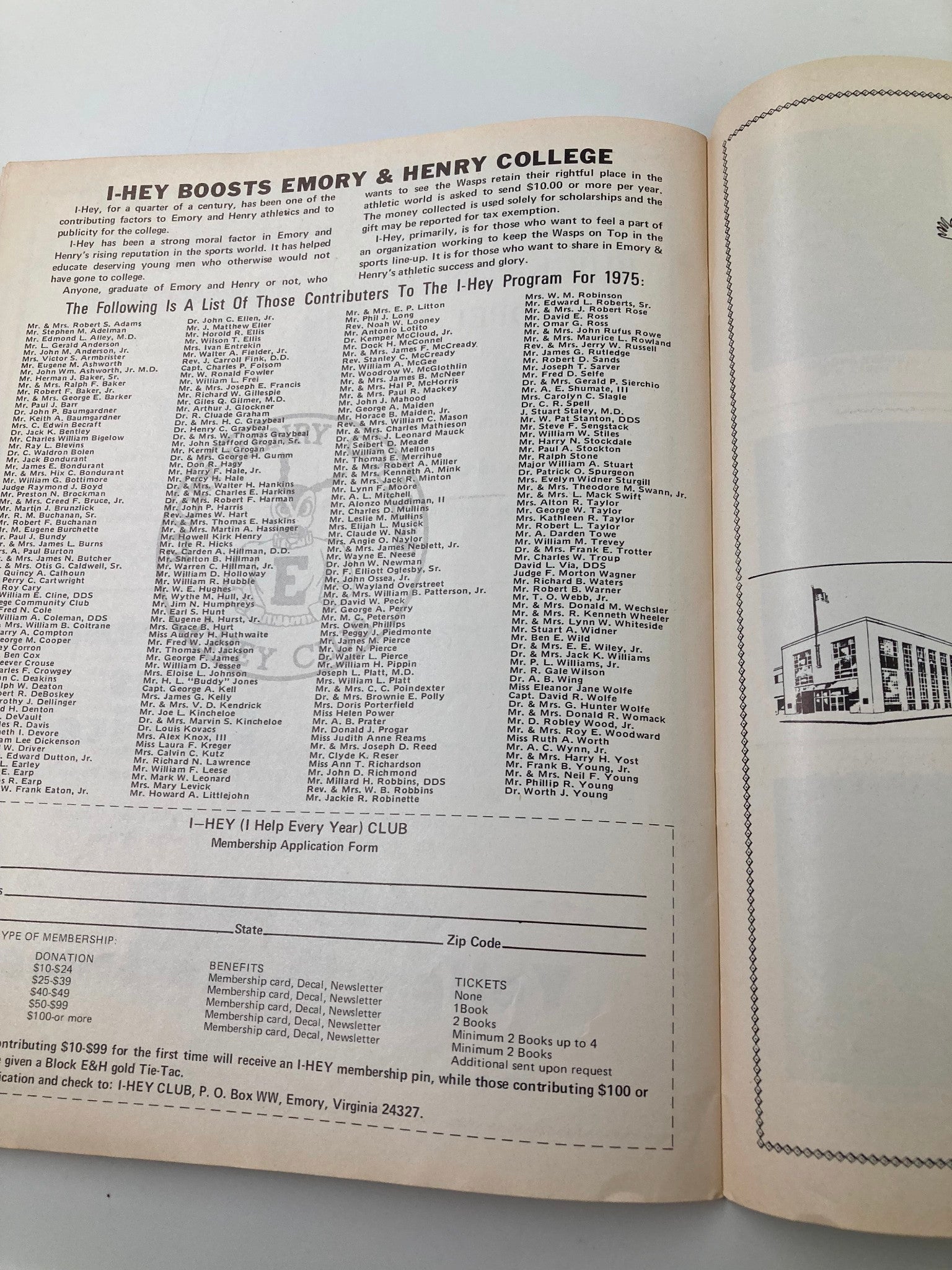 List of contributors in the official program for the September 20 1975 Emory Henry vs Guilford game, highlighting community support.