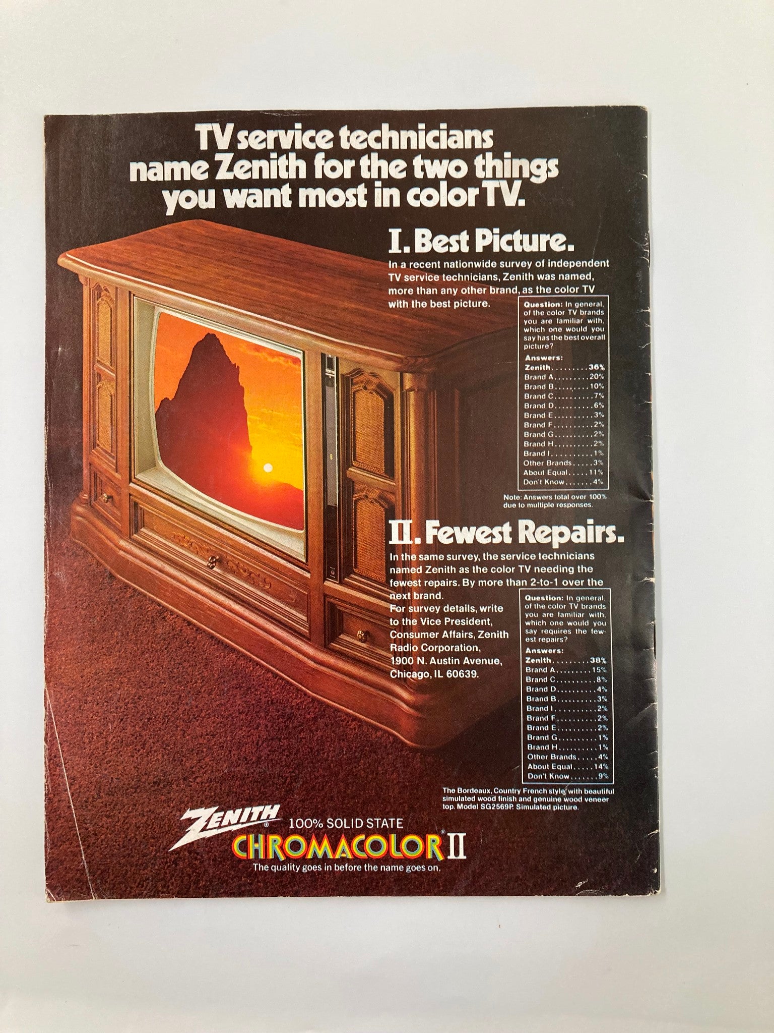 Zenith TV advertisement featured in the official program for the September 20 1975 Emory Henry vs Guilford game, promoting color TV services.