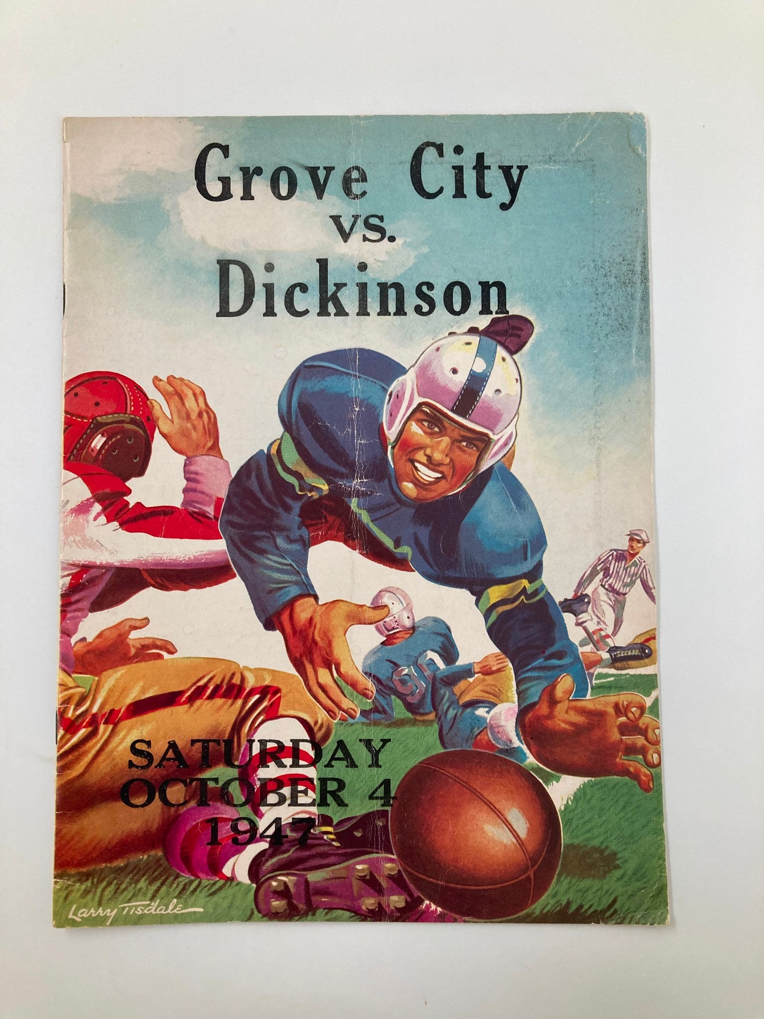 Cover of the October 4 1947 High School Football Grove City vs Dickinson Official Program featuring a colorful illustration of a football game.