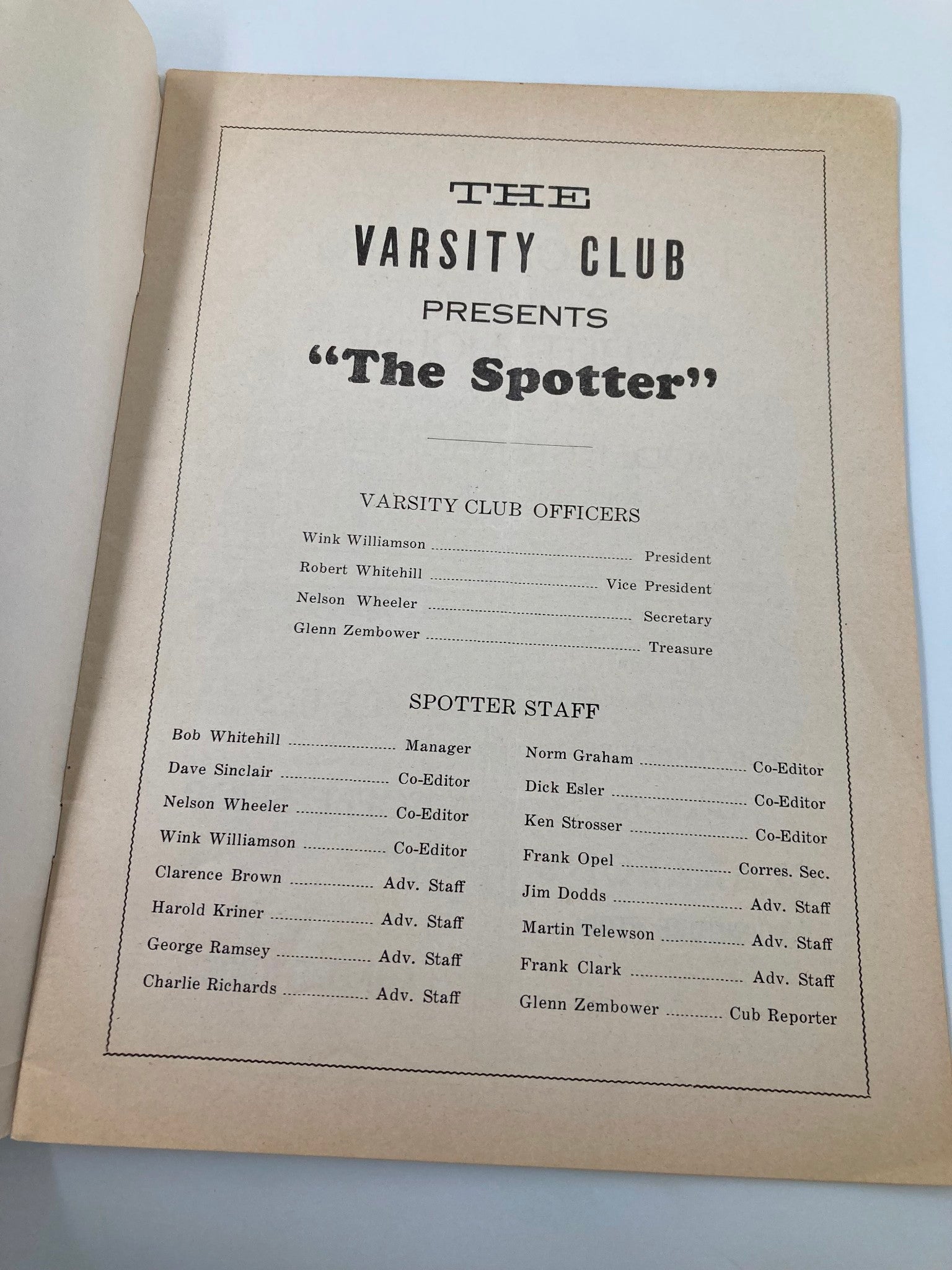 Inside page of the October 4 1947 High School Football Grove City vs Dickinson Official Program, listing the Varsity Club officers and staff.