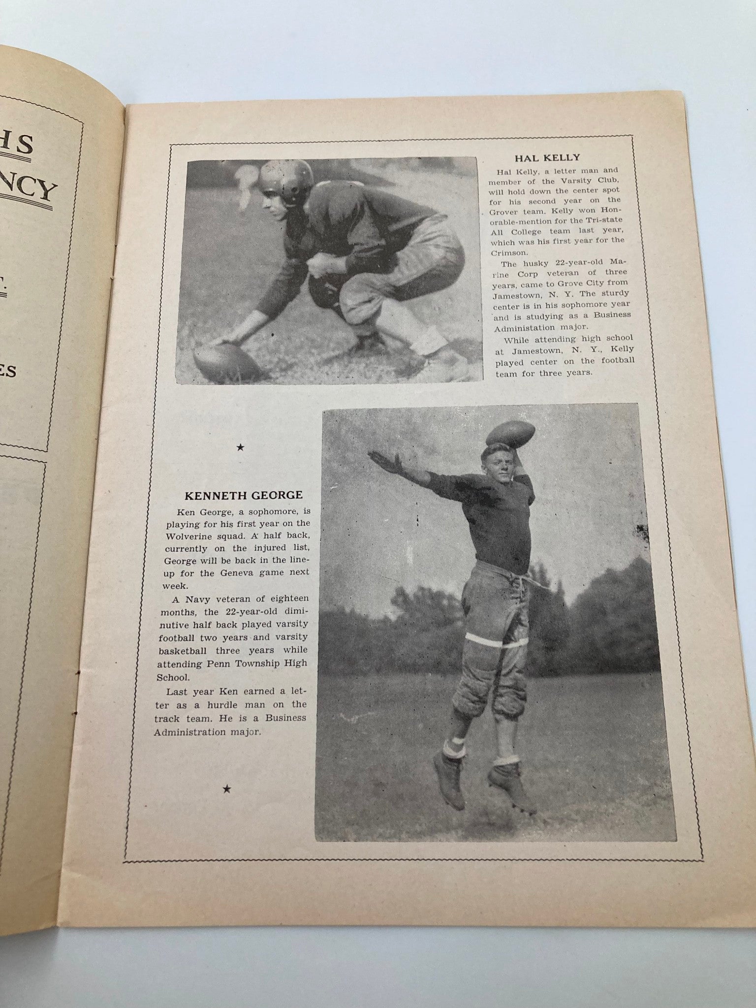 October 4 1947 High School Football Grove City vs Dickinson Official Program showcasing Hal Kelly, a player in a football helmet, preparing to take a snap, alongside a photo of Kenneth George, a young athlete practicing his throwing technique.