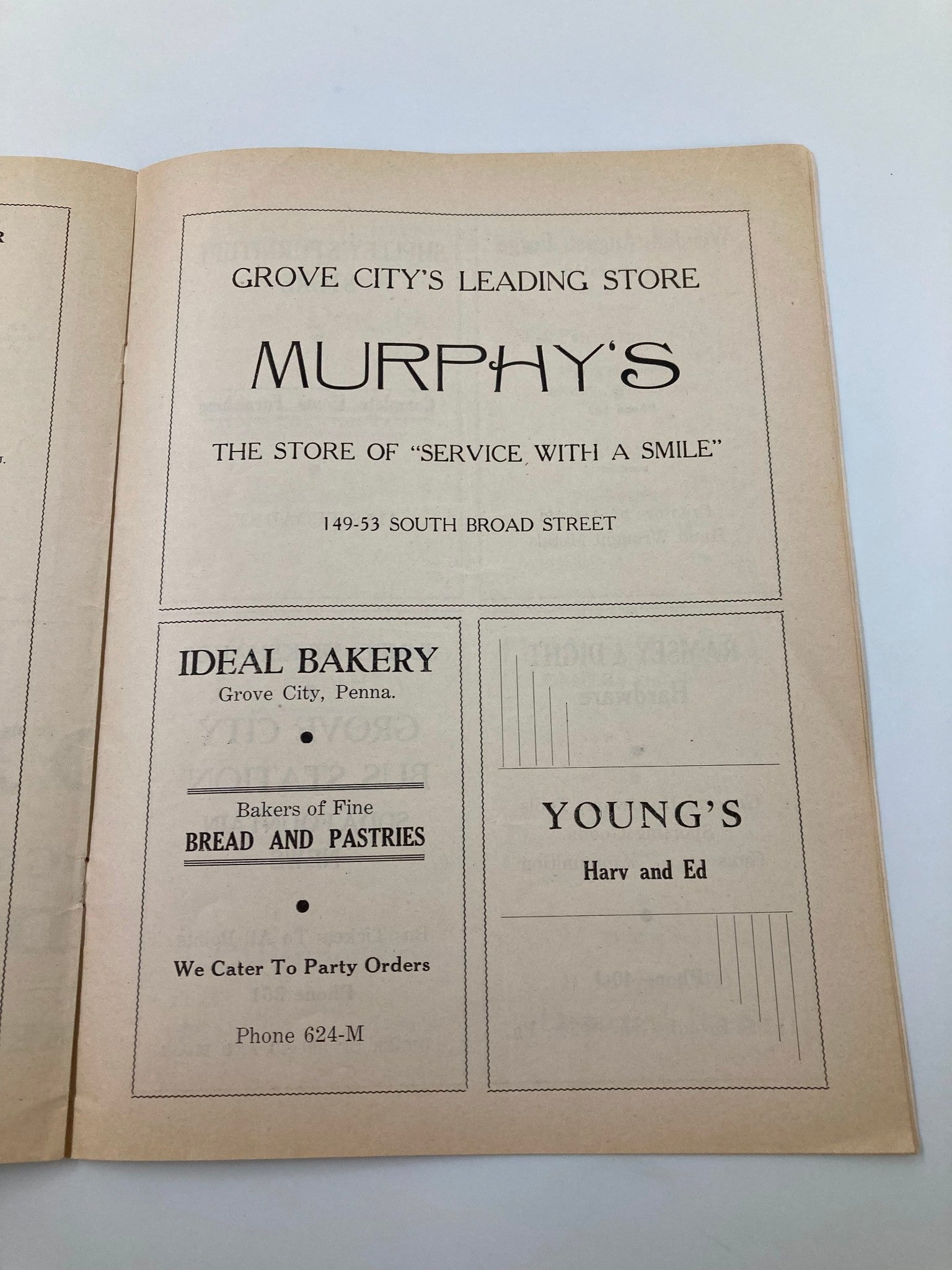 October 4 1947 High School Football Grove City vs Dickinson Official Program including advertisements for local businesses such as Murphy's, Ideal Bakery, and Young's, promoting their services in Grove City, Pennsylvania.