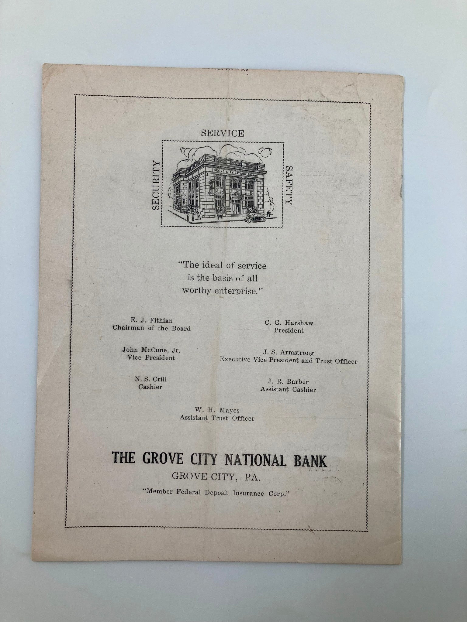 October 4 1947 High School Football Grove City vs Dickinson Official Program featuring a page from the Grove City National Bank outlining their mission statement and leadership.