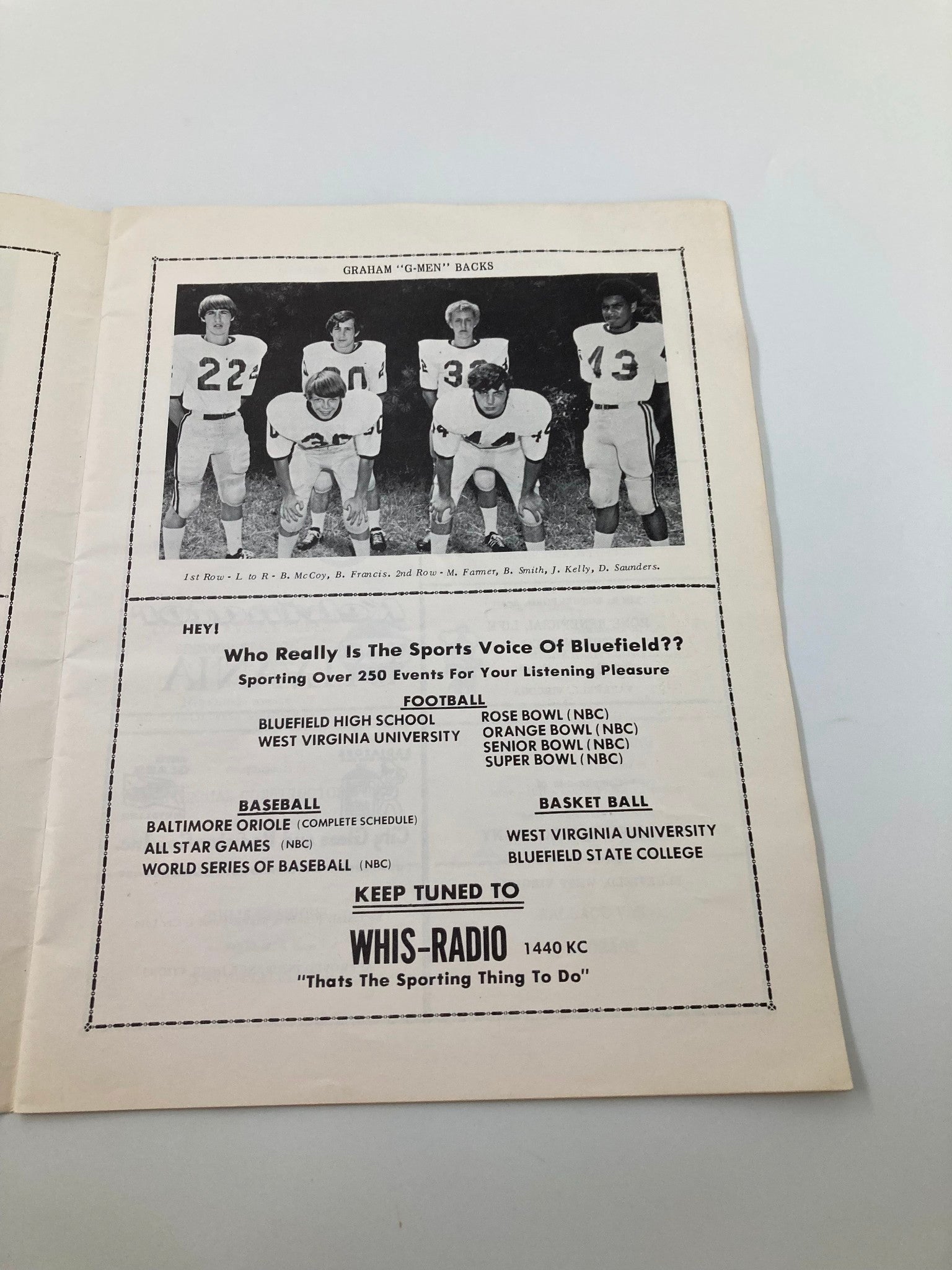 Inside page of the 1949 High School Football Graham G-Men vs Bluefield Beavers Official Program showcasing images of Graham G-Men team players.