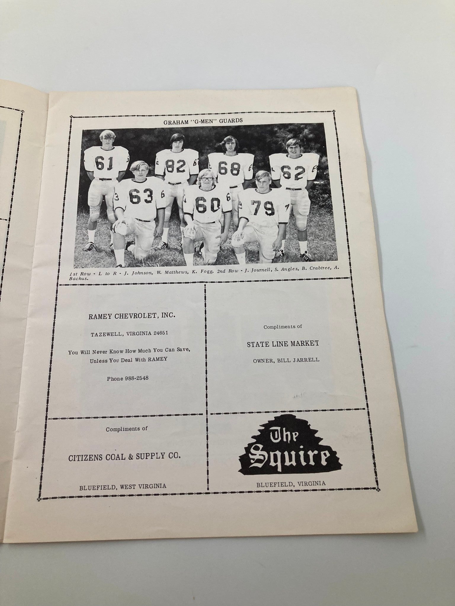 Inside page of the 1949 High School Football Graham G-Men vs Bluefield Beavers Official Program displaying the Graham G-Men Guards team photo.