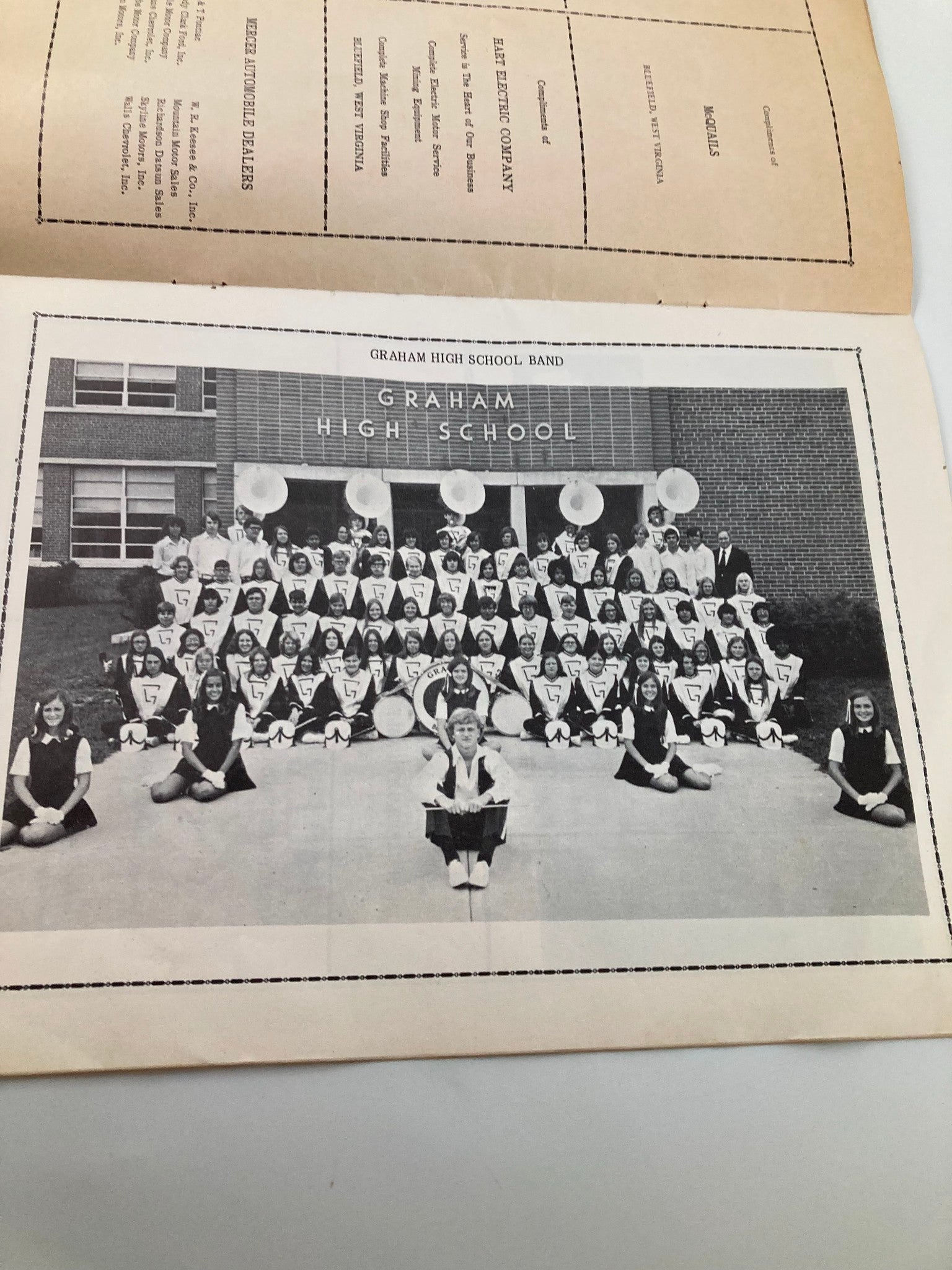 1949 High School Football Graham G-Men vs Bluefield Beavers Official Program showcasing the Graham High School Band with students posing in uniform outside the school.