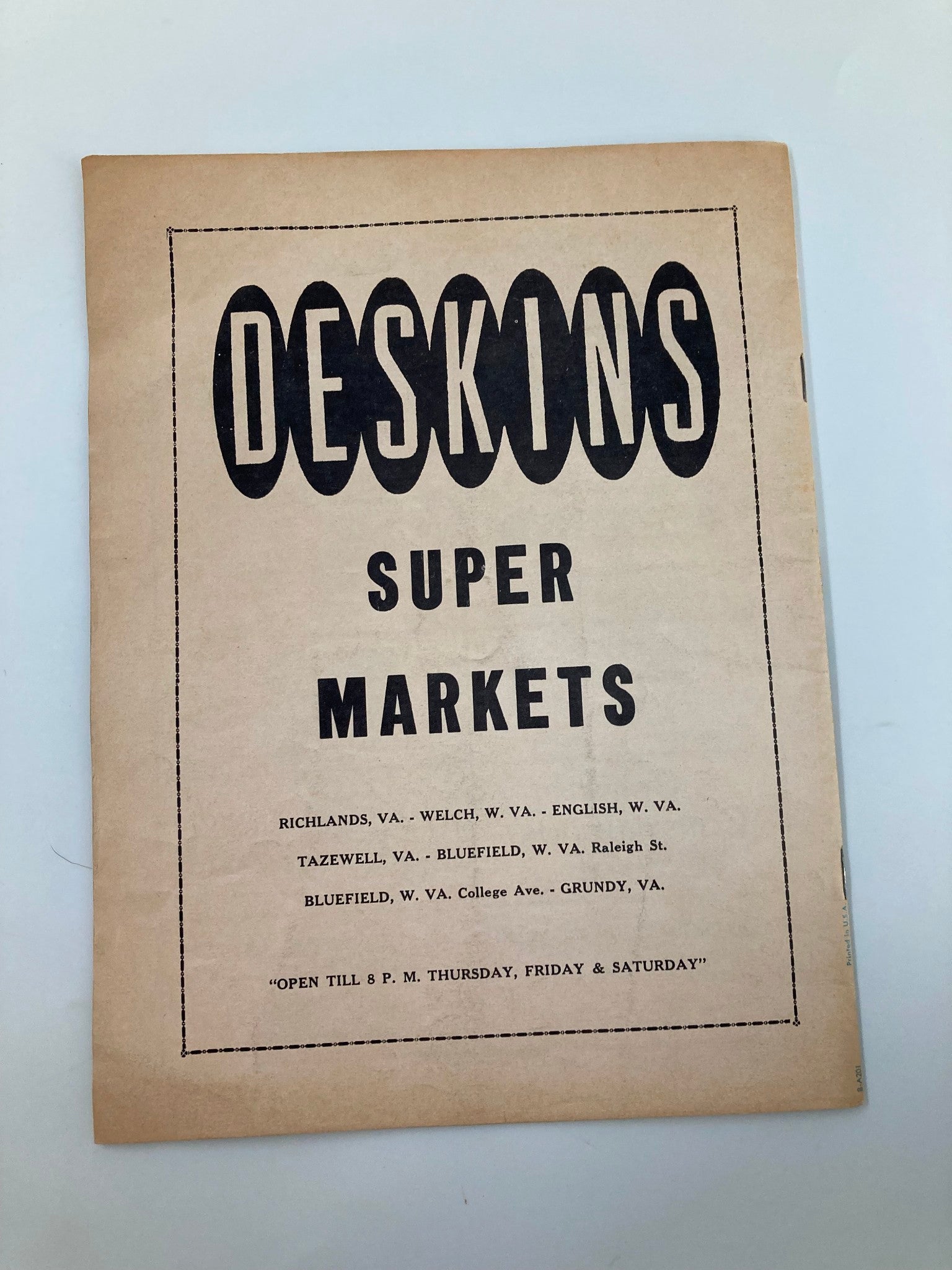 1949 High School Football Graham G-Men vs Bluefield Beavers Official Program featuring an advertisement for Deskins Super Markets, highlighting various store locations in Virginia and West Virginia.