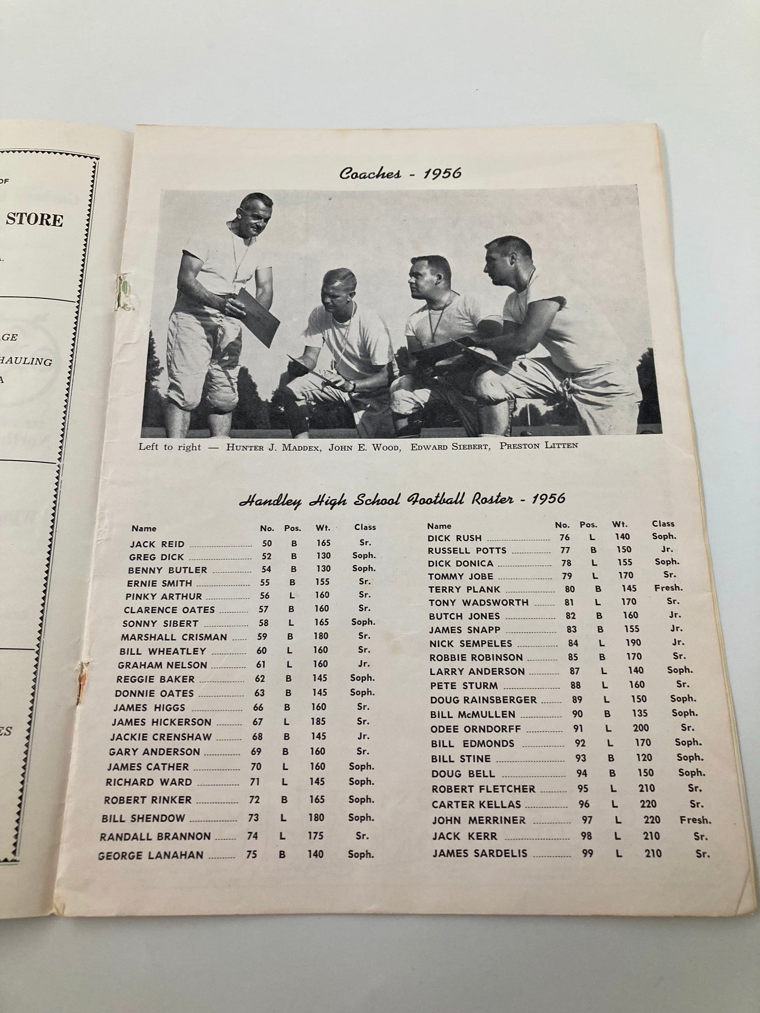 VTG September 22 1956 Football Handley vs Allegany Official Program featuring the 1956 Handley High School football coaches and roster. Coaches pictured include Hunter J. Maddux and John E. Wood. The program lists player names and positions.