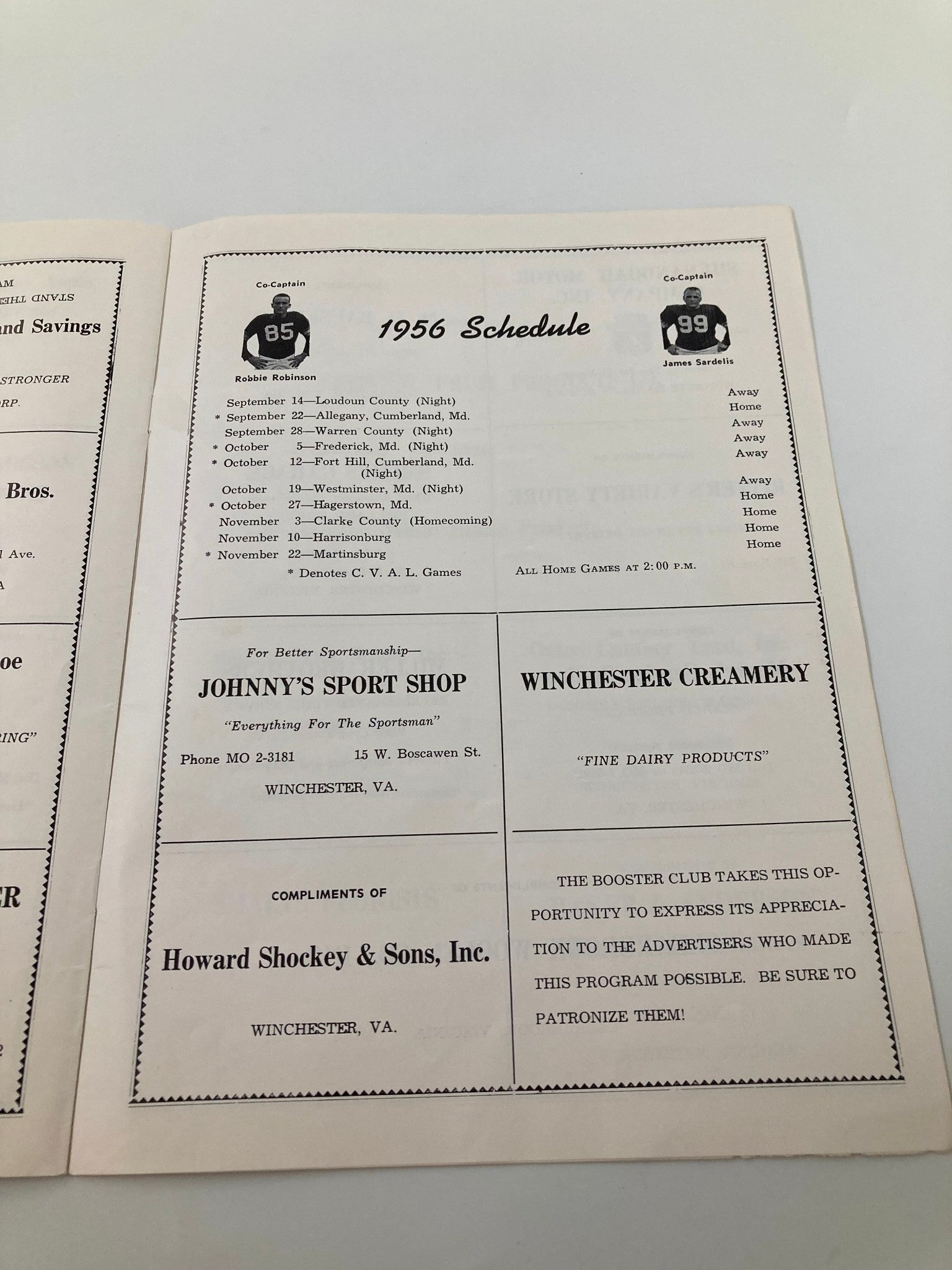 VTG September 22 1956 Football Handley vs Allegany Official Program containing a page with the 1956 football schedule for Handley High School, listing dates and opponents for home and away games.