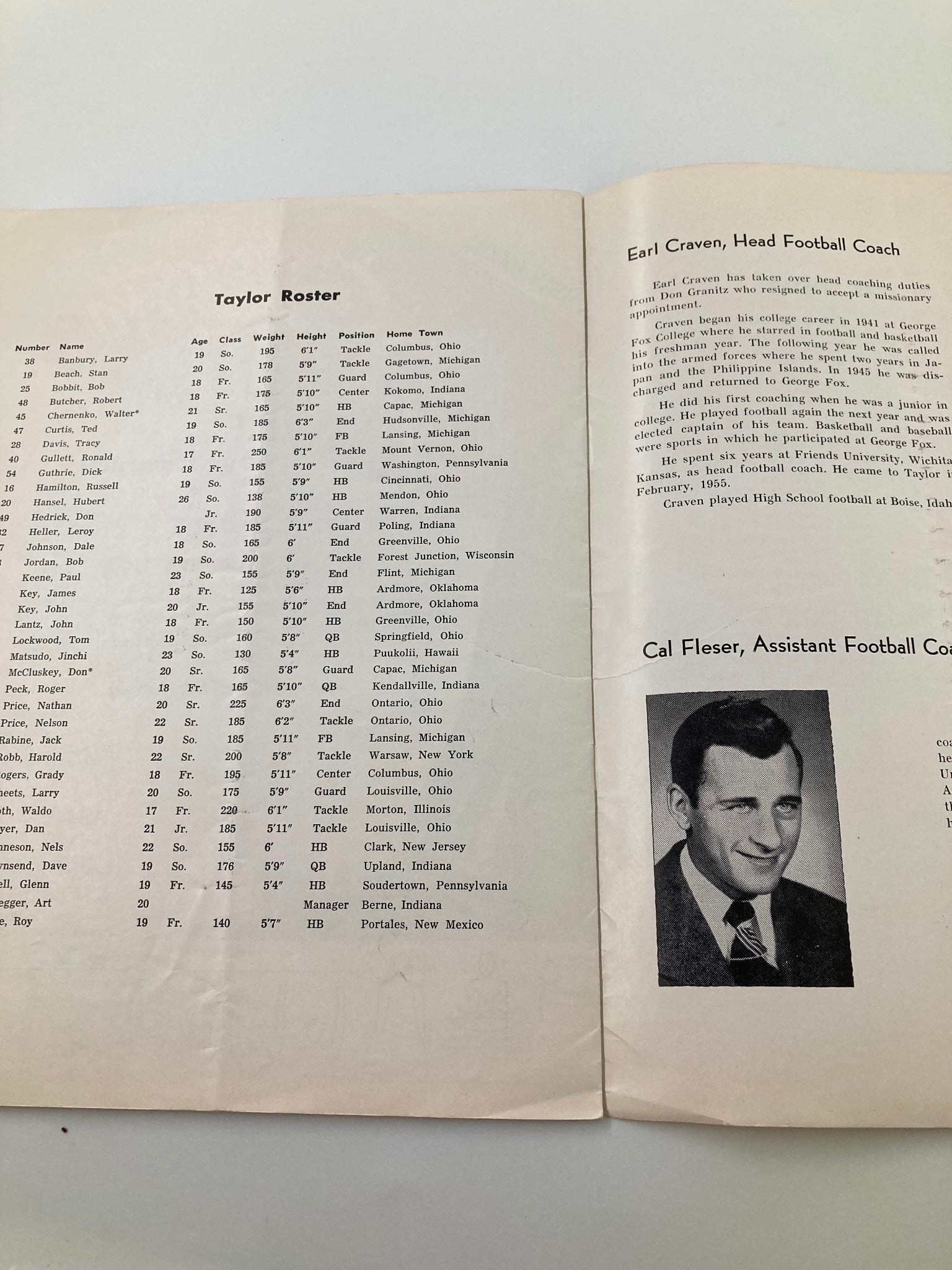 VTG October 22 1955 Football Taylor University vs Earlham College Program