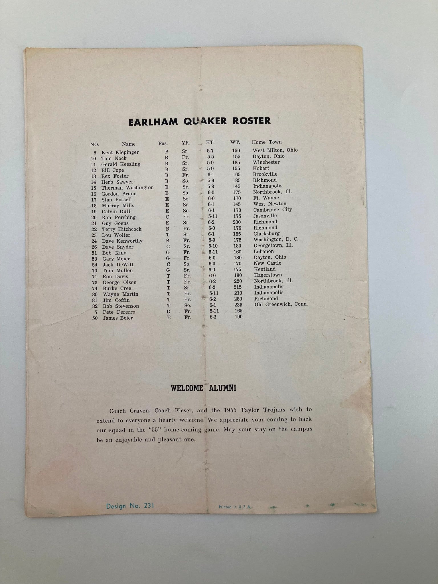 VTG October 22 1955 Football Taylor University vs Earlham College Program