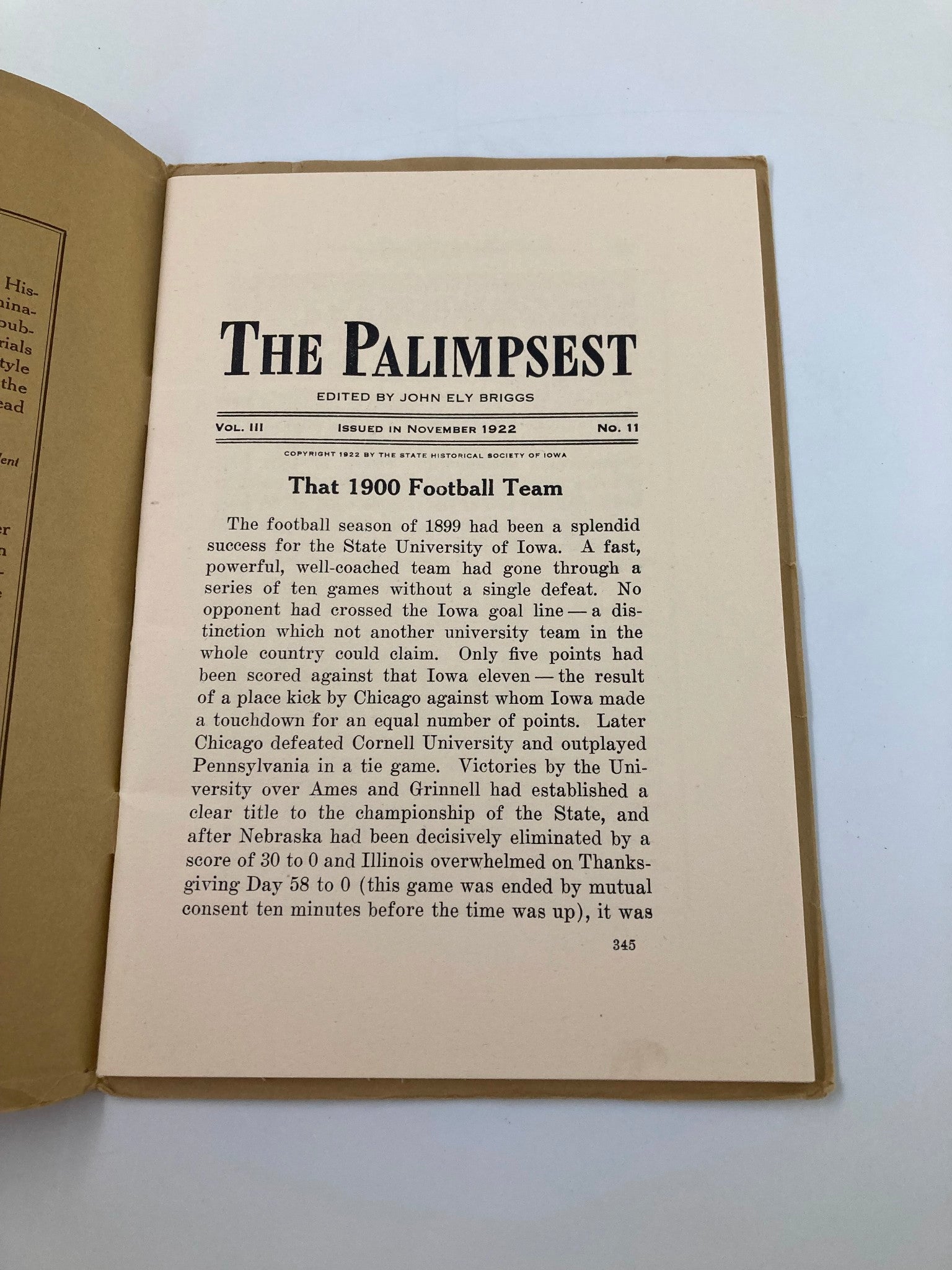 VTG November 1922 The Palimpest 1900 Football Team Program