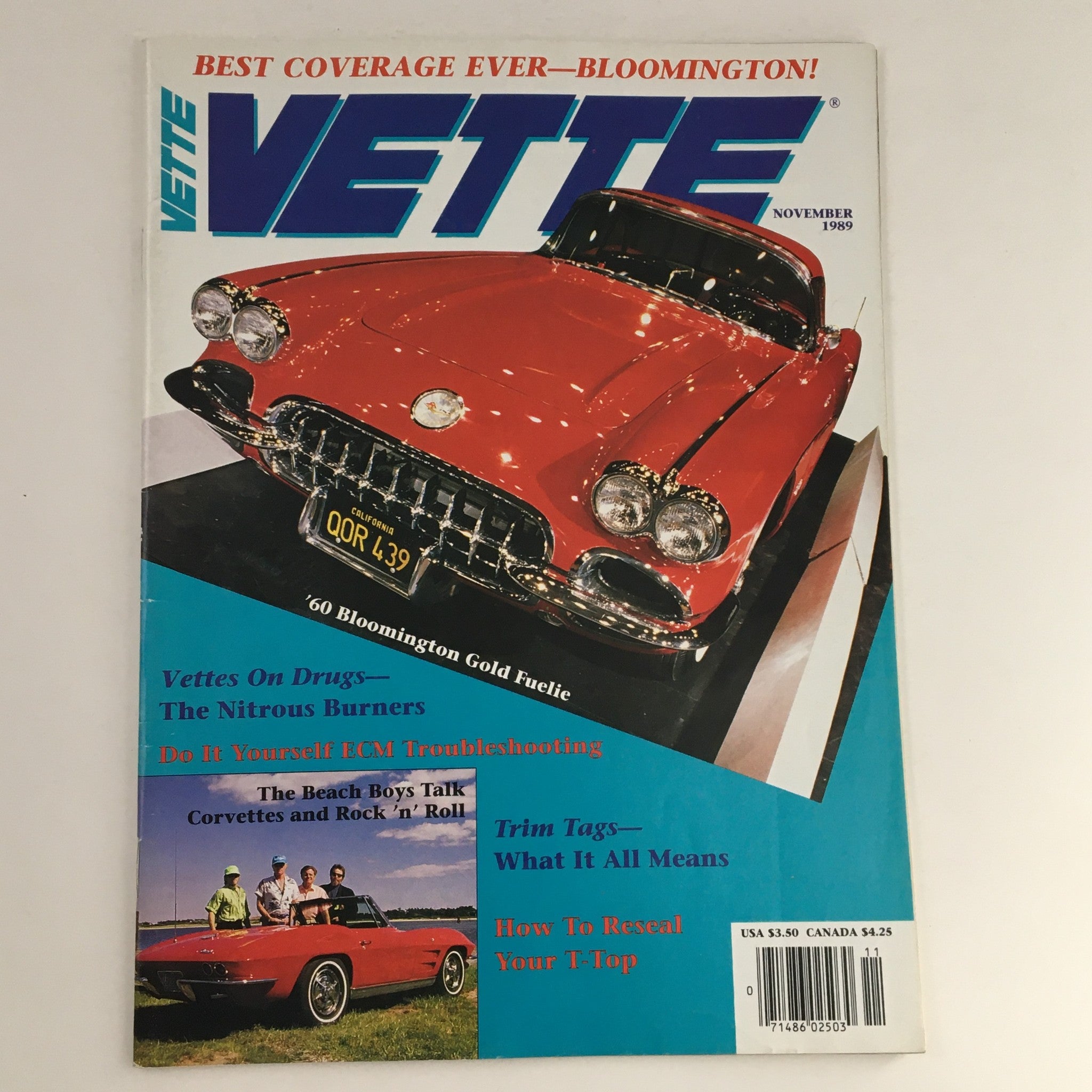Cover of Vette Magazine from November 1989 featuring a red 1960 Corvette and The Beach Boys discussing Corvettes and Rock n' Roll. Captures the essence of classic cars and music culture.
