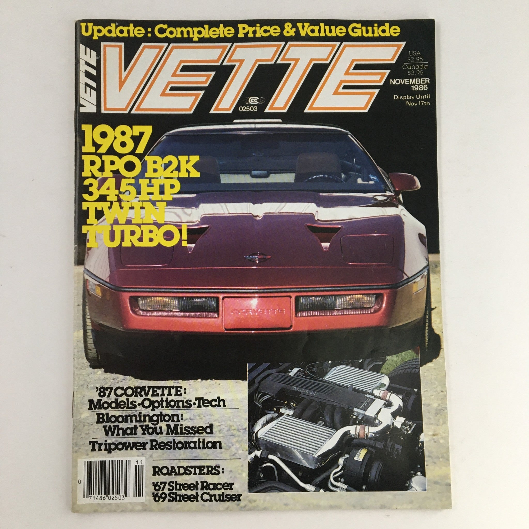 Vette Magazine November 1986 featuring 1987 RPO B2K with 345-Hp Twin Turbo on the cover, showcasing a classic Corvette and accompanying engine details.
