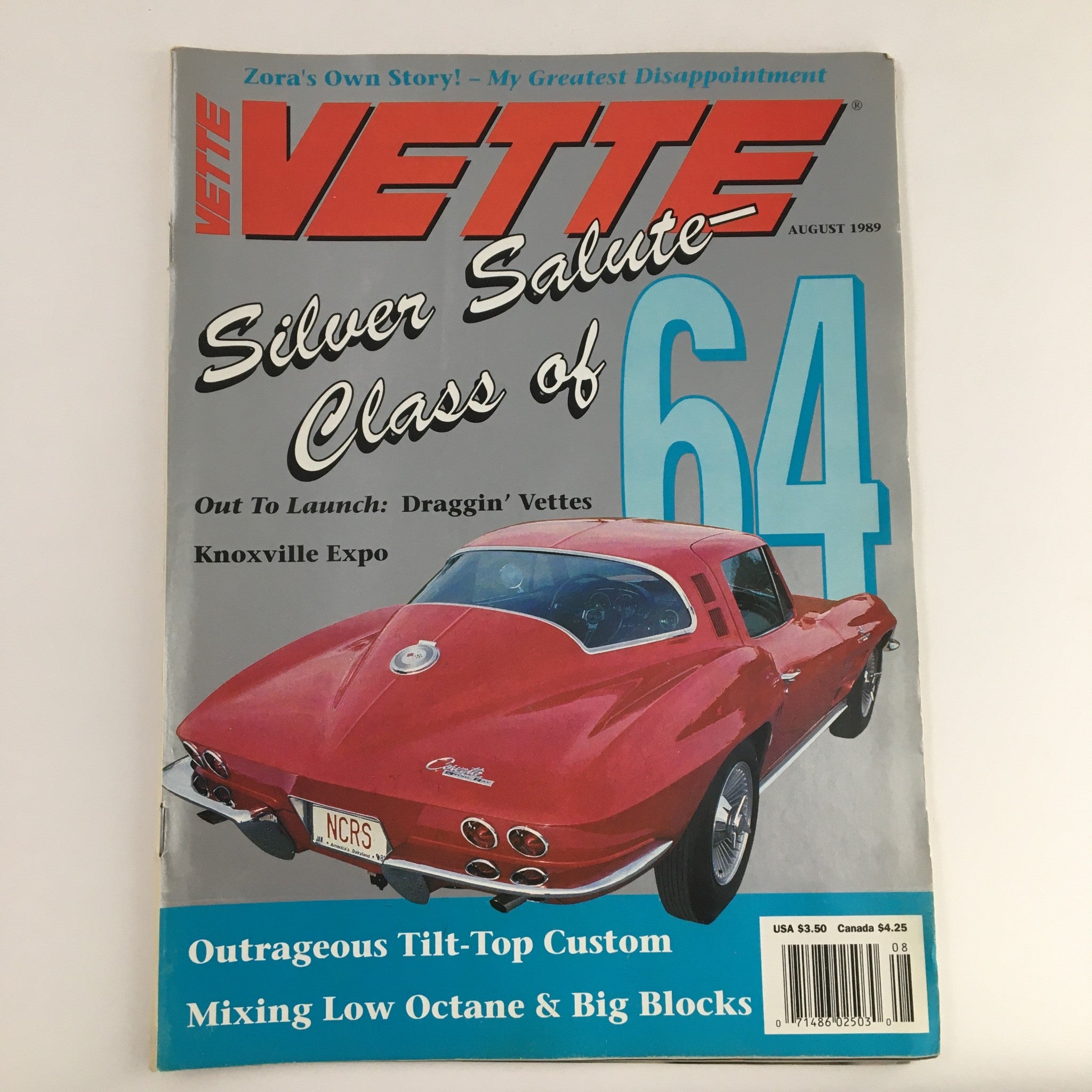 Vette Magazine August 1989 featuring Draggin' Vettes from the Knoxville Expo, highlighting a classic red Corvette. Cover includes special features on custom modifications, class highlights, and drag racing culture.