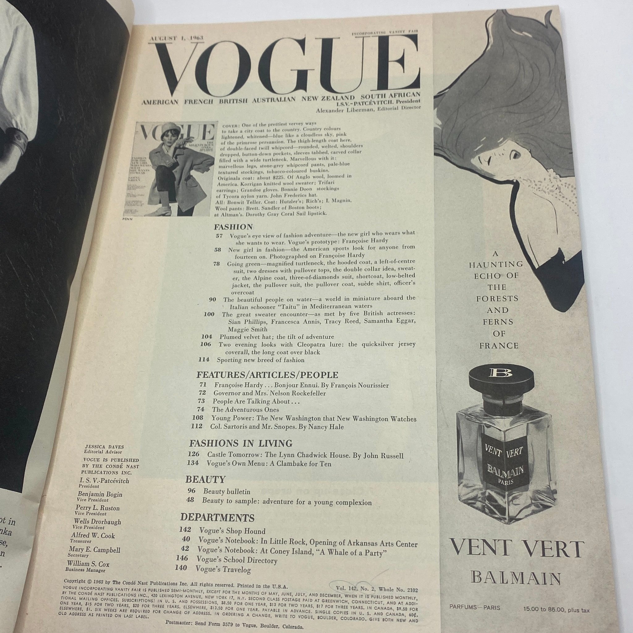 VTG Vogue Magazine August 1 1963 Wilhelmina Cooper Cover No Label