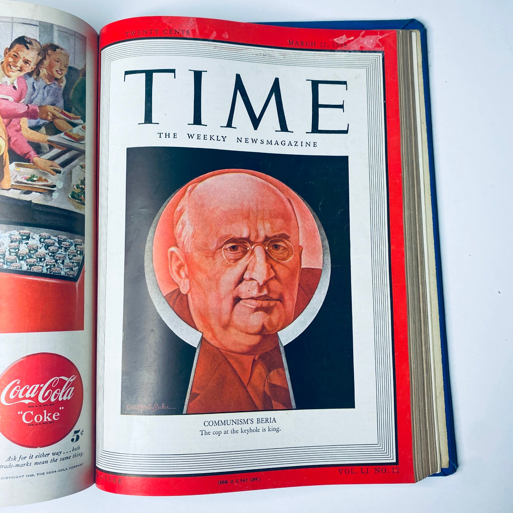 Cover of Time Magazine Library Bound Weekly detailing 'Communism's Beria' featuring a portrait illustration of Lavrentiy Beria, from the volume covering January 5 to March 29, 1948.