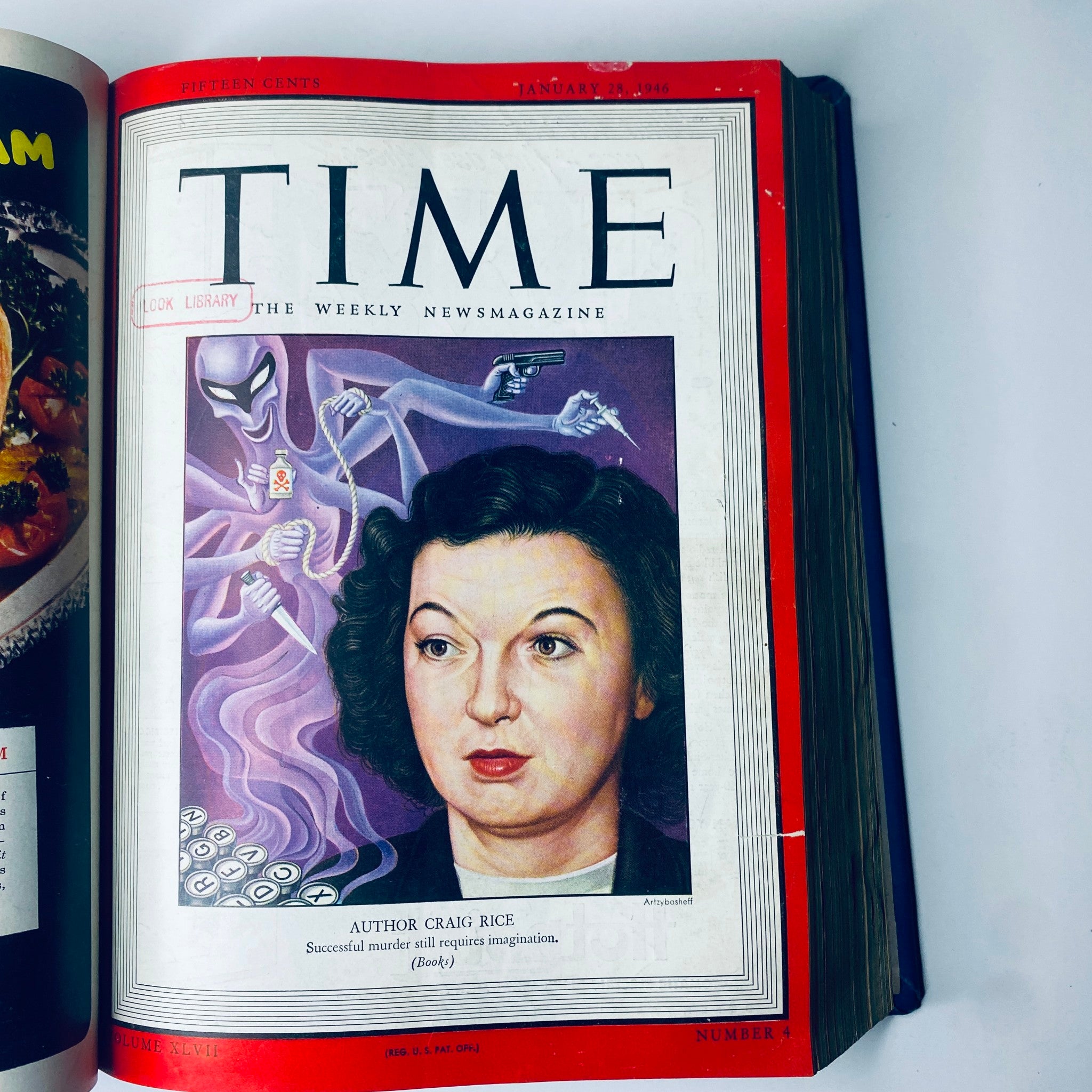 Cover of Time Magazine Library Bound Weekly January 28, 1946, showcasing Craig Rice, a crime fiction author, reflecting on literary influences post-World War II.