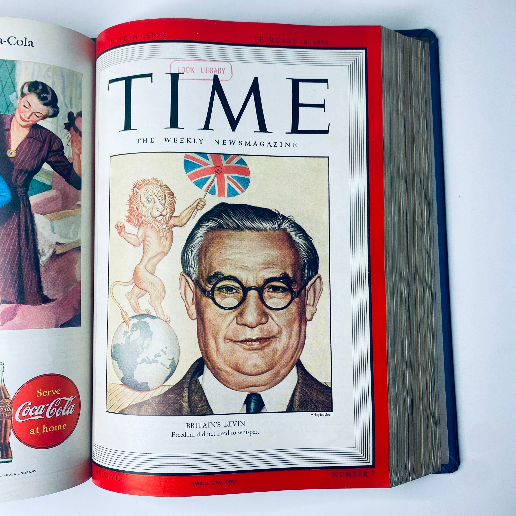 Cover of Time Magazine Library Bound Weekly, February 19, 1946, featuring Britain's Bevin, highlighting post-World War II political themes.