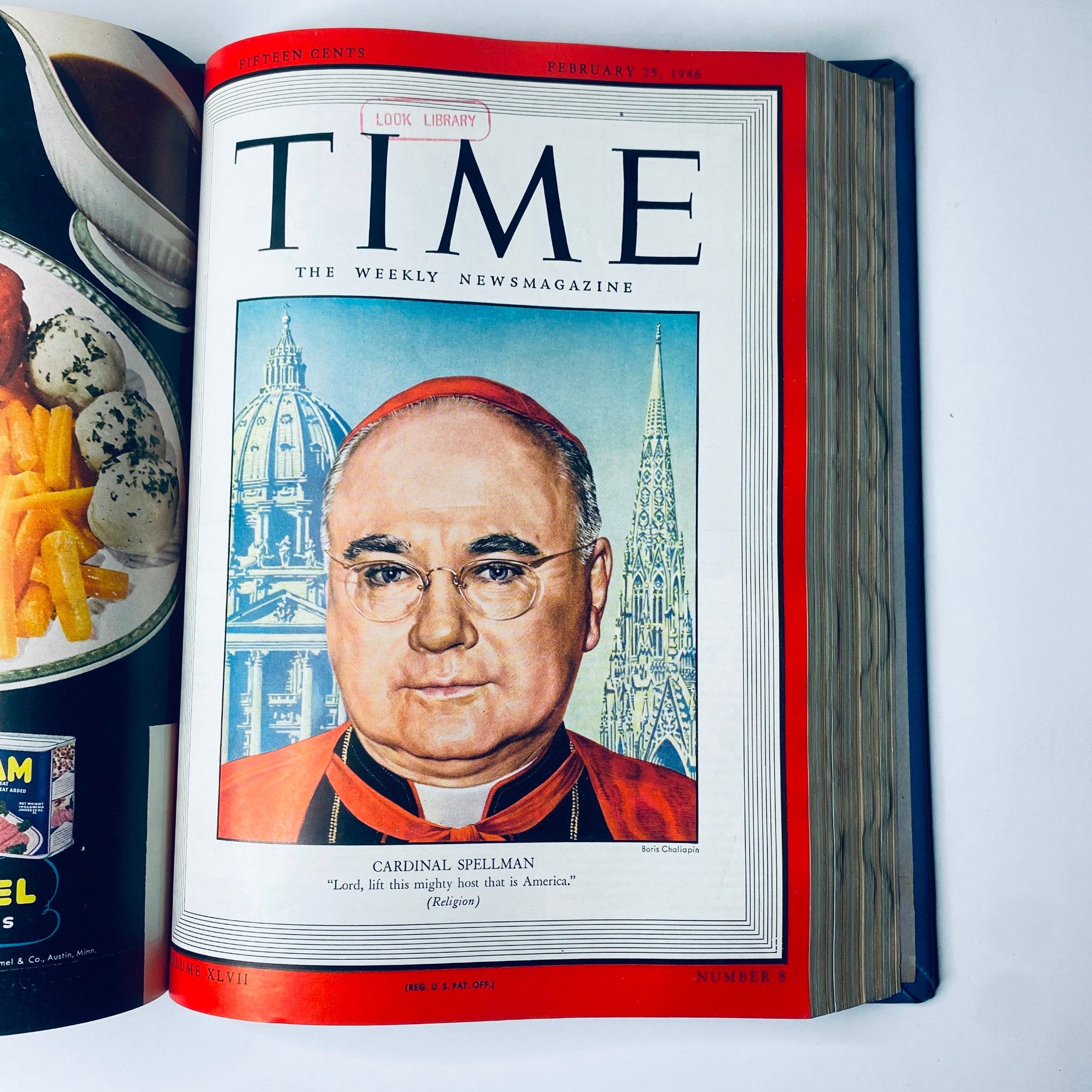 Cover of Time Magazine Library Bound Weekly, February 25, 1946, featuring Cardinal Spellman, showcasing religious and societal reflections after WWII.