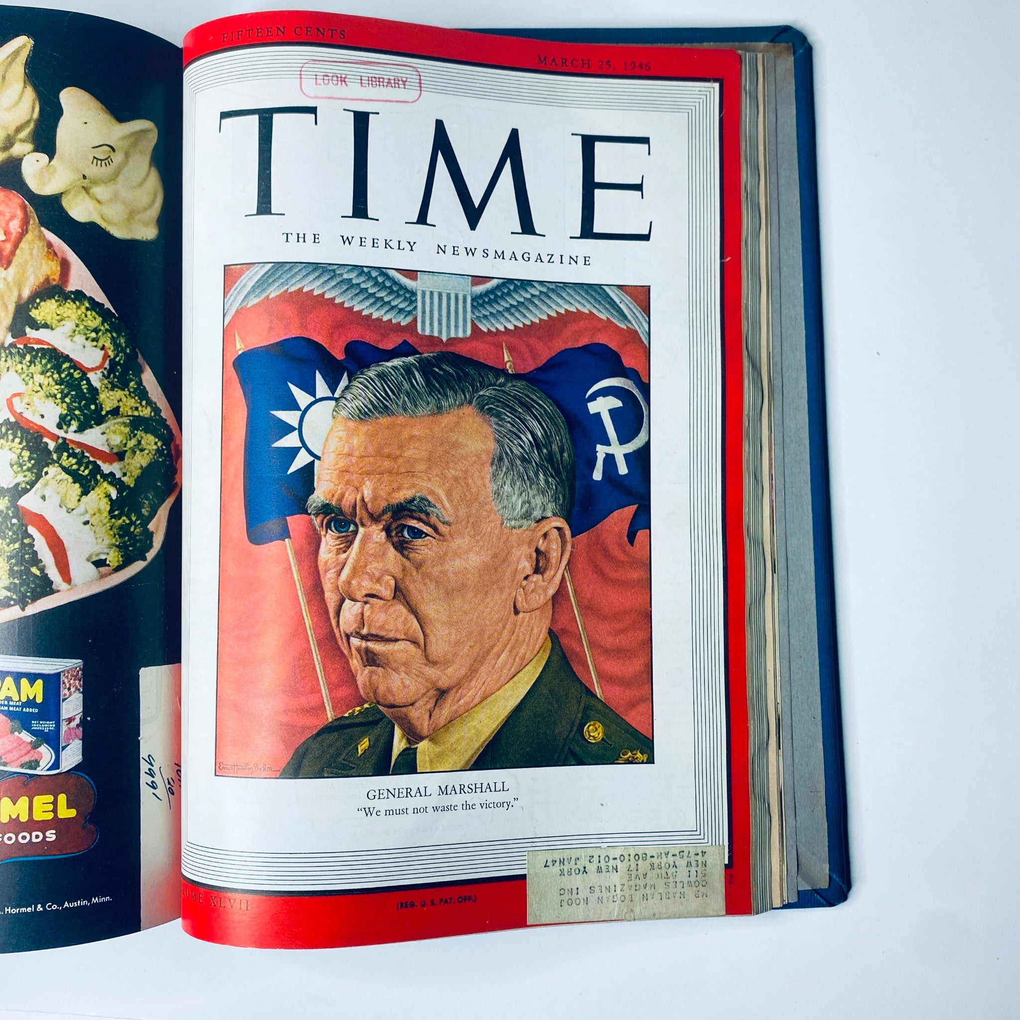 Cover of Time Library Bound Weekly Magazine January 7 to March 25, 1946 featuring General Marshall with a tagline encouraging action to utilize victory.