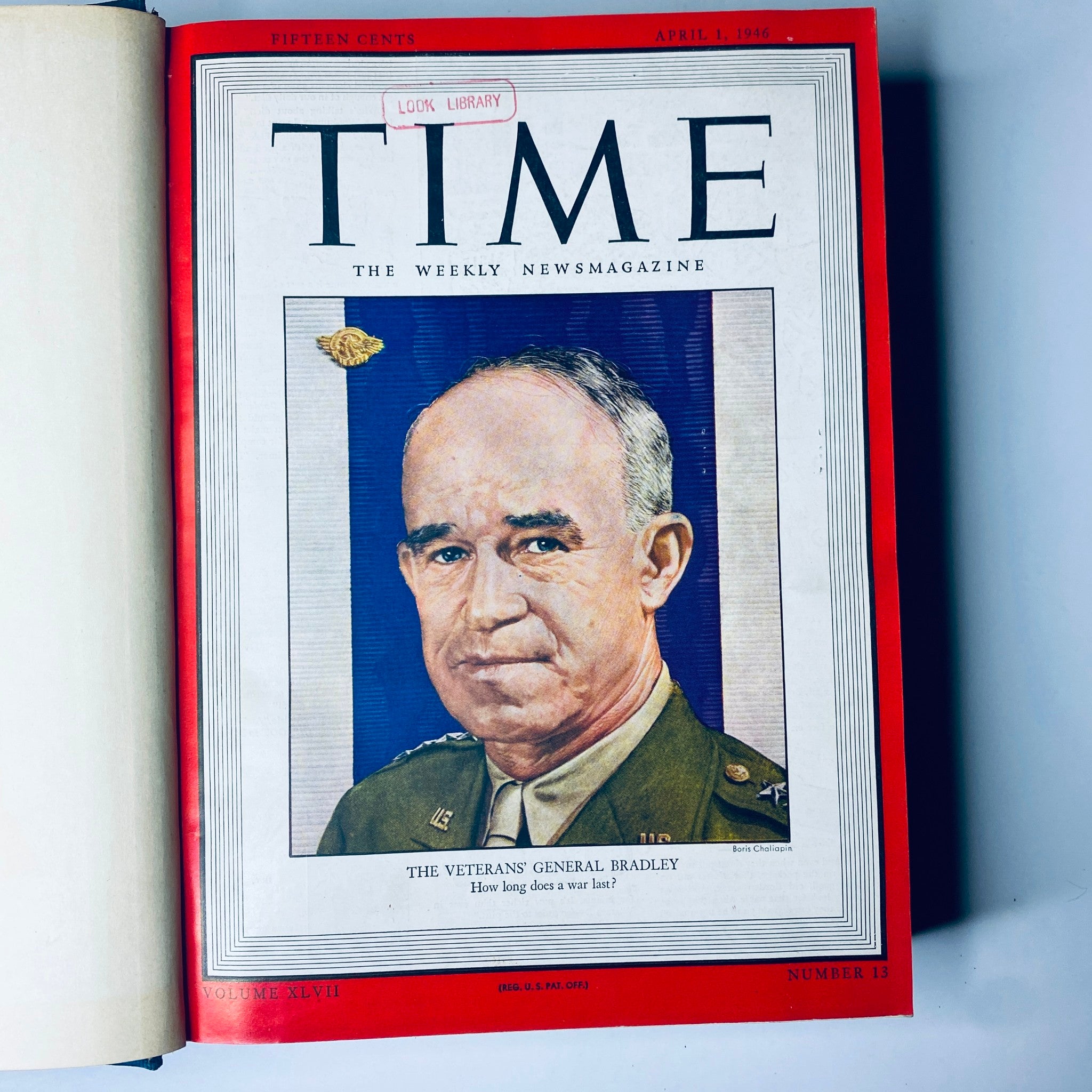Cover of Time Magazine, April 1, 1946 featuring General Omar Bradley, titled 'The Veterans' General Bradley - How long does a war last?'. Part of the Time Magazine Library Bound Collection April 1 - June 24, 1946.