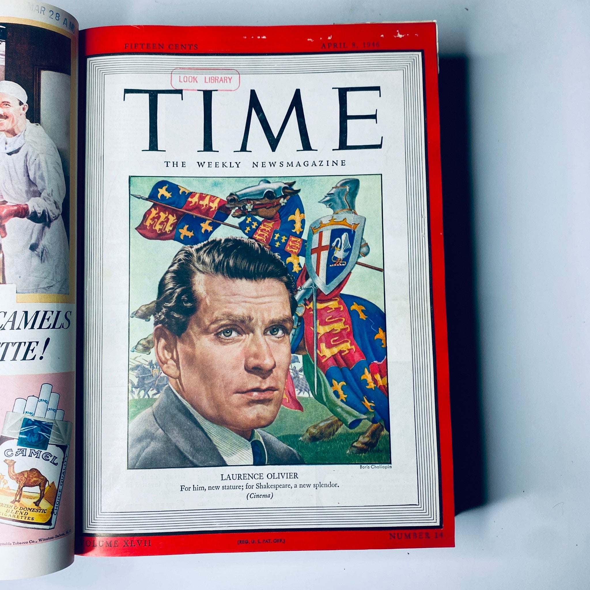 Cover of Time Magazine Library Bound April 1, 1946 - June 24, 1946 featuring Laurence Olivier. The magazine highlights Olivier's notable presence with a colorful illustration and bold title at the top. This issue is significant in capturing mid-20th century American culture and its notable figures.