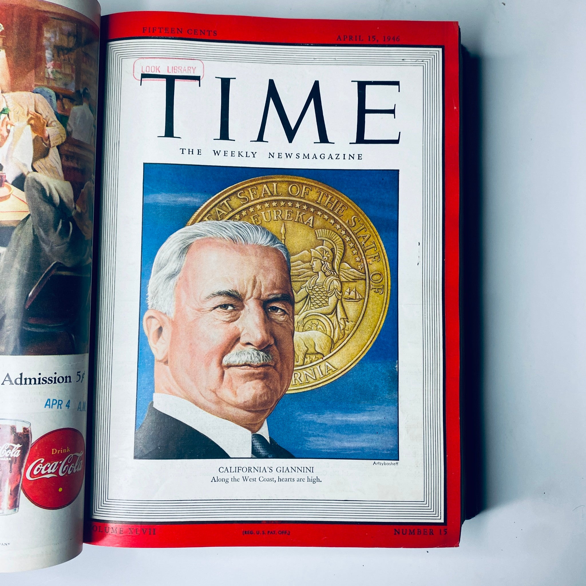 Cover of Time Magazine, April 15, 1946 featuring A.P. Giannini, titled 'California's Giannini - Along the West Coast, hearts are high.'. Featured in the Time Magazine Library Bound Collection April 1 - June 24, 1946.