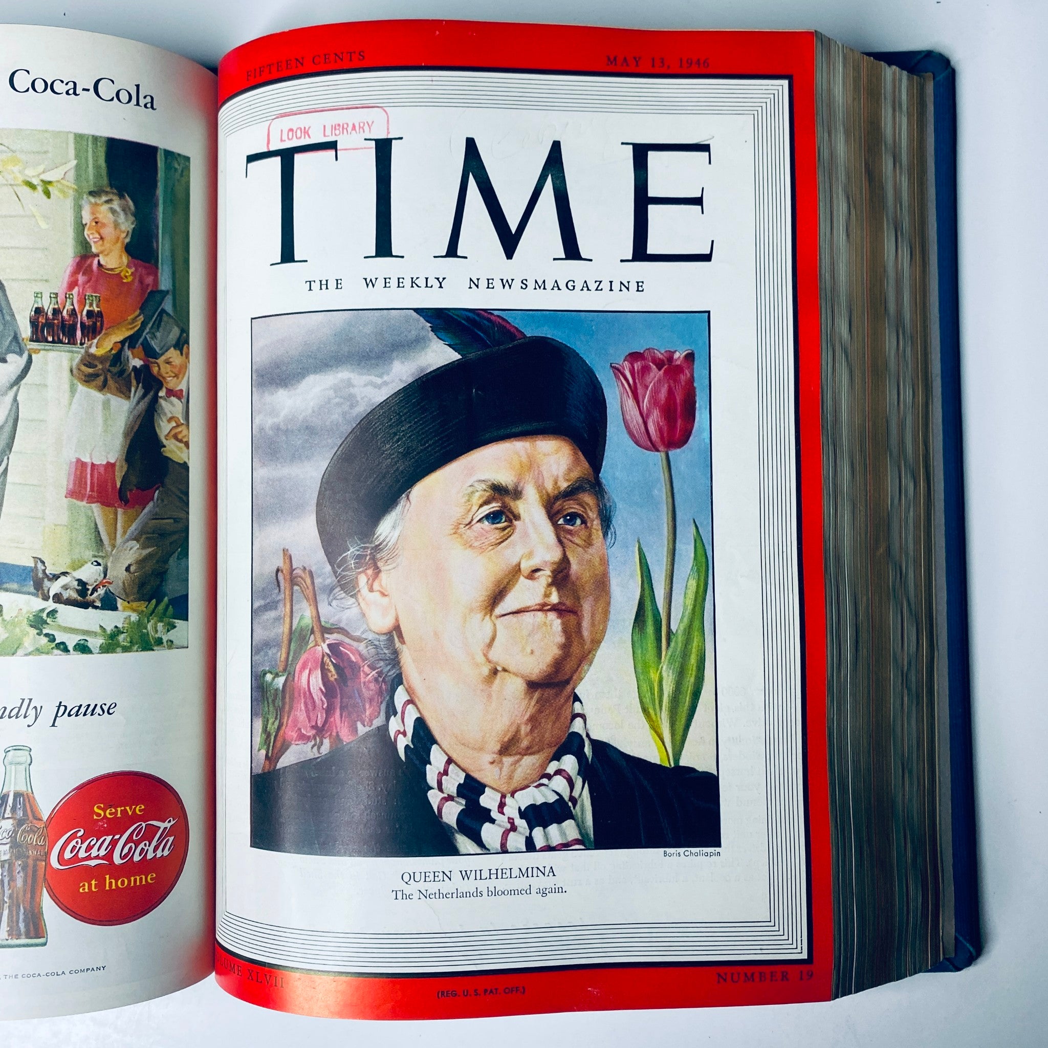 Time Magazine Library Bound April 1, 1946 - June 24, 1946 showcasing the cover featuring Queen Wilhelmina of the Netherlands, dated May 13, 1946.