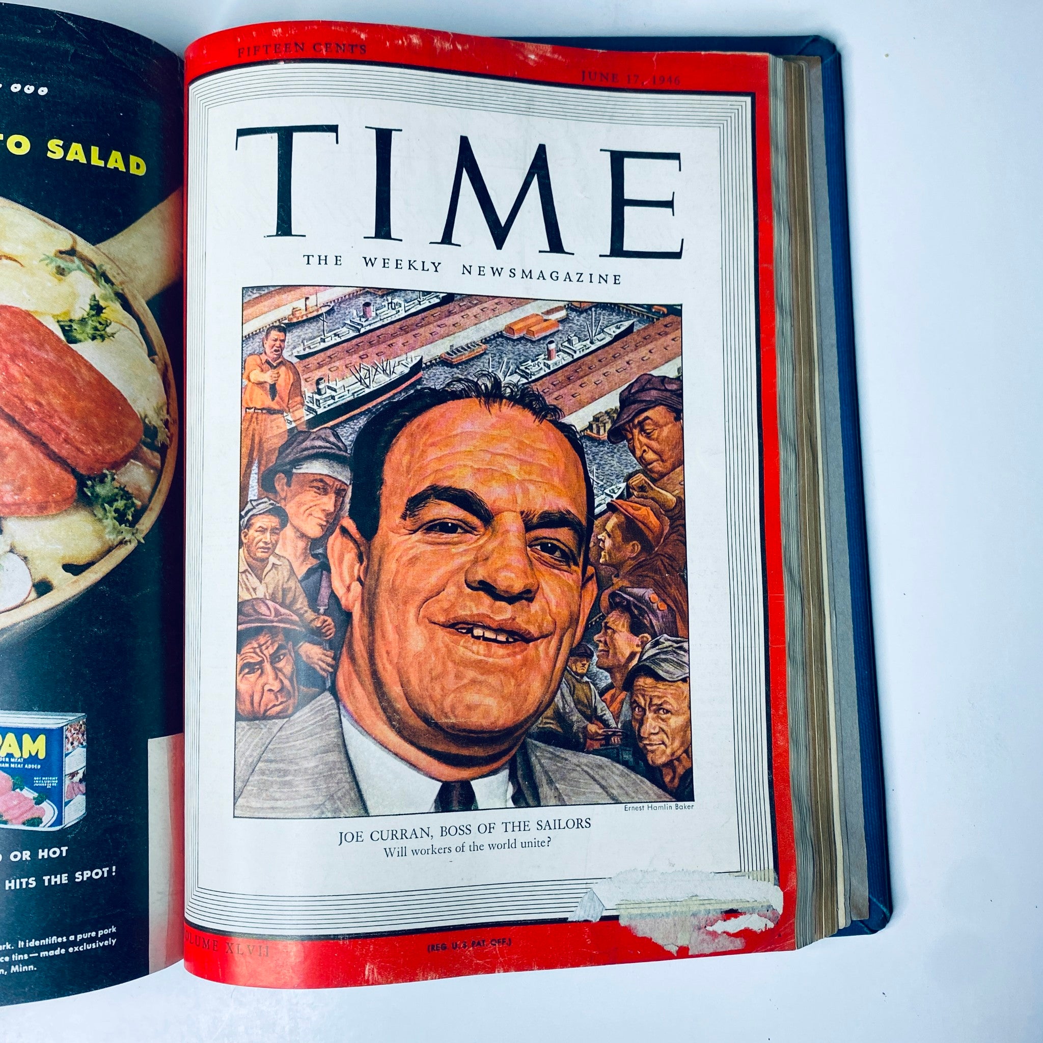 Time Magazine Library Bound April 1, 1946 - June 24, 1946 featuring Joe Curran on the cover, highlighting labor issues and workers' unity.