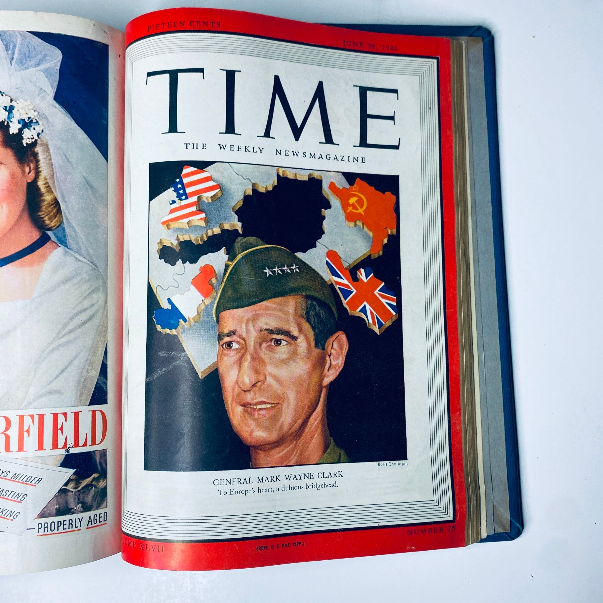 Time Magazine Library Bound April 1, 1946 - June 24, 1946 featuring General Mark Wayne Clark on the cover, depicting post-war political dynamics in Europe.