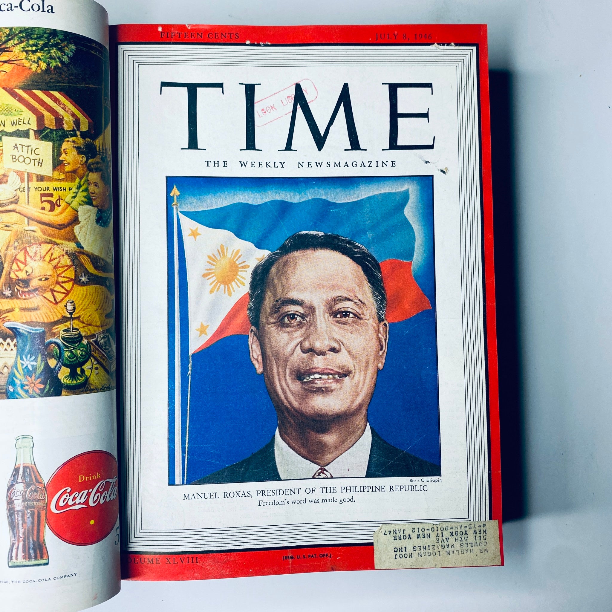 Cover of Time Magazine from July 8, 1946 featuring Manuel Roxas, President of the Philippine Republic, with a colorful background of the Philippine flag.