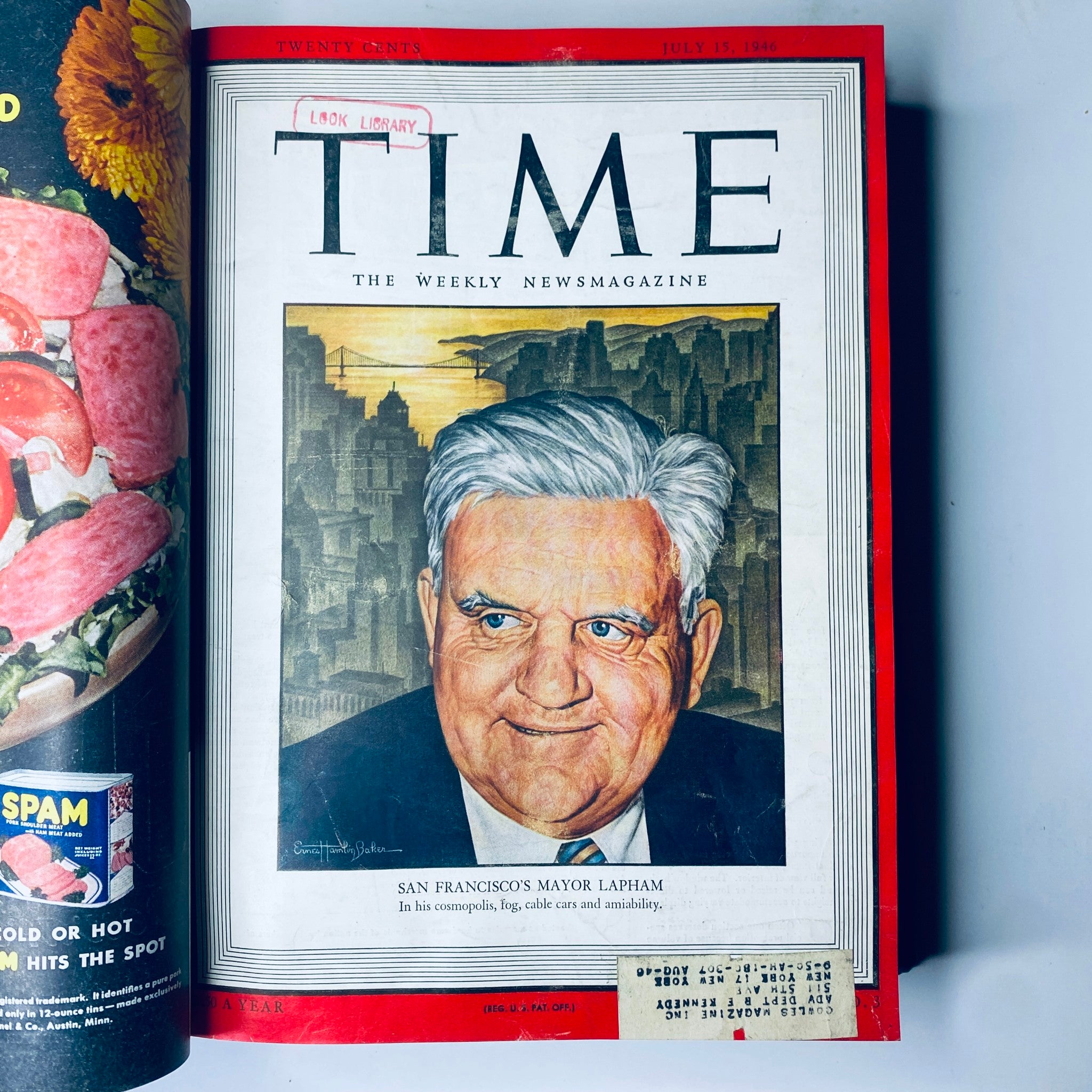Cover of Time Magazine from July 15, 1946 showcasing Roger D. Lapham, Mayor of San Francisco, with an artistic portrayal amidst a cityscape.