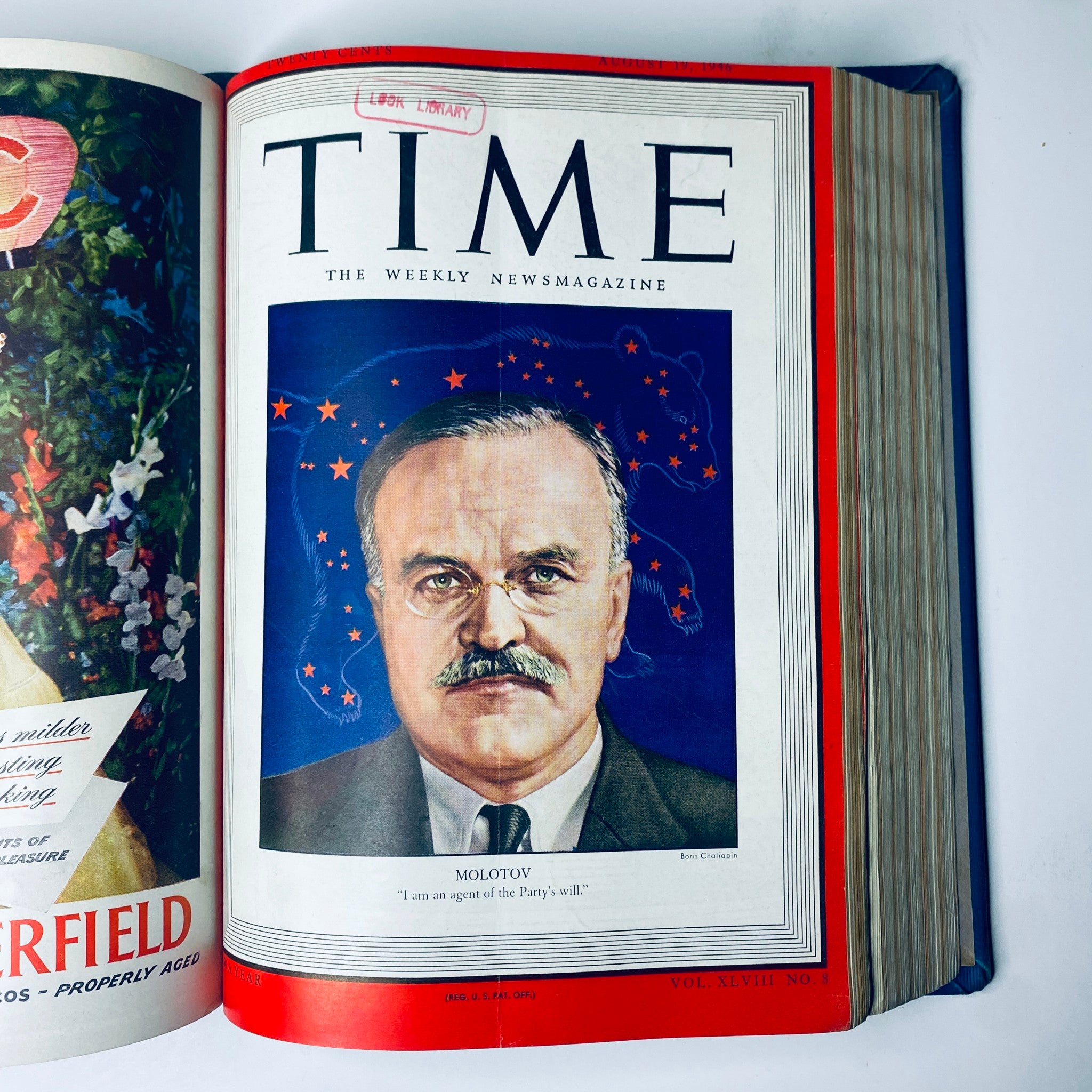 Time Magazine cover featuring Vyacheslav Molotov, Soviet Foreign Minister, August 19, 1946, as part of the Time Library Bound collection of July to September 1946, capturing Cold War tensions.